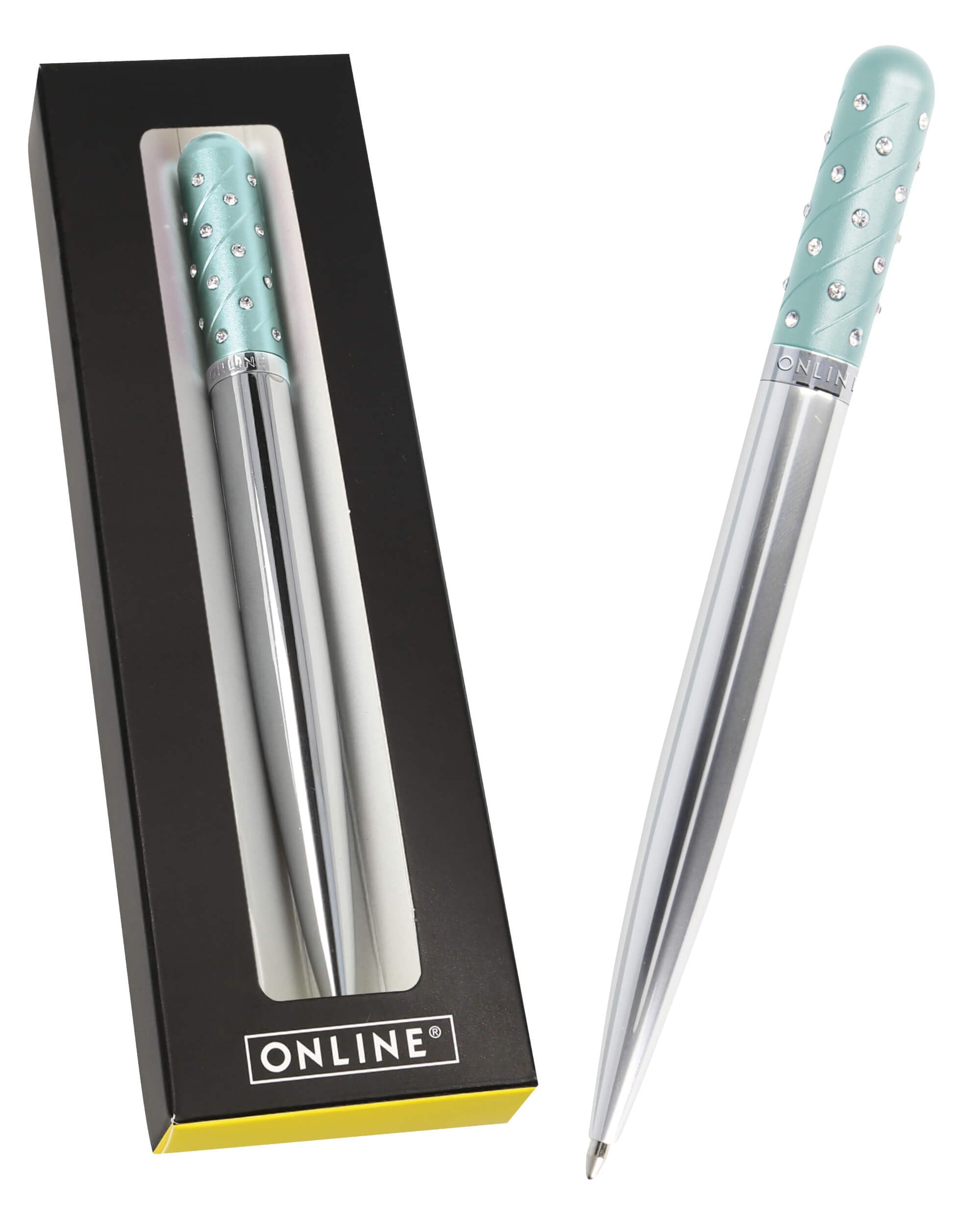 Online Crystal Pen ballpoint pen with sparkling rhinestones in turquoise, elegant pen in gift box, with international large-capacity refill, black ink, gift idea