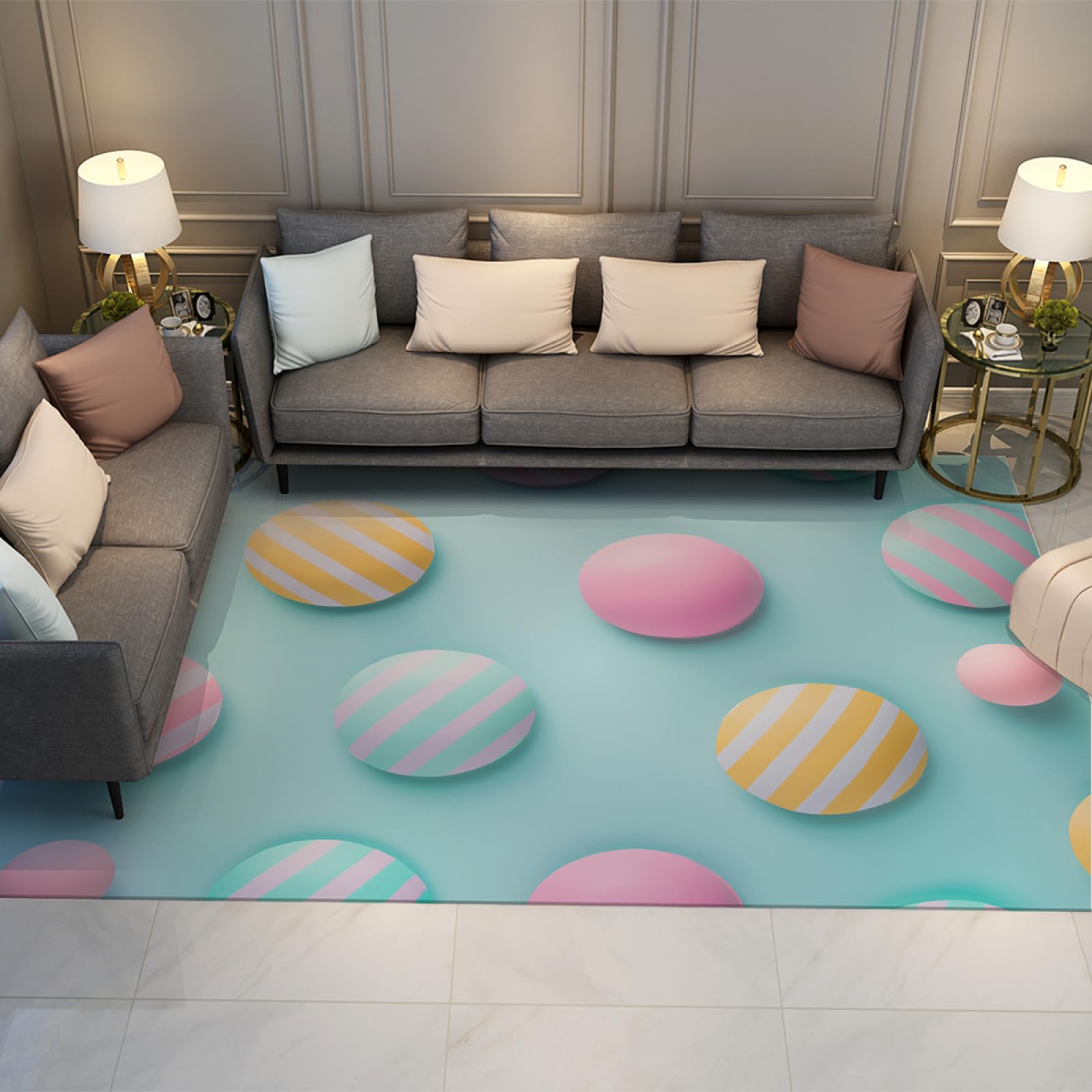 Tapis de chambre d'enfant mignon à motif gâteau pour créer un coin de jeu rose et bleu lavable