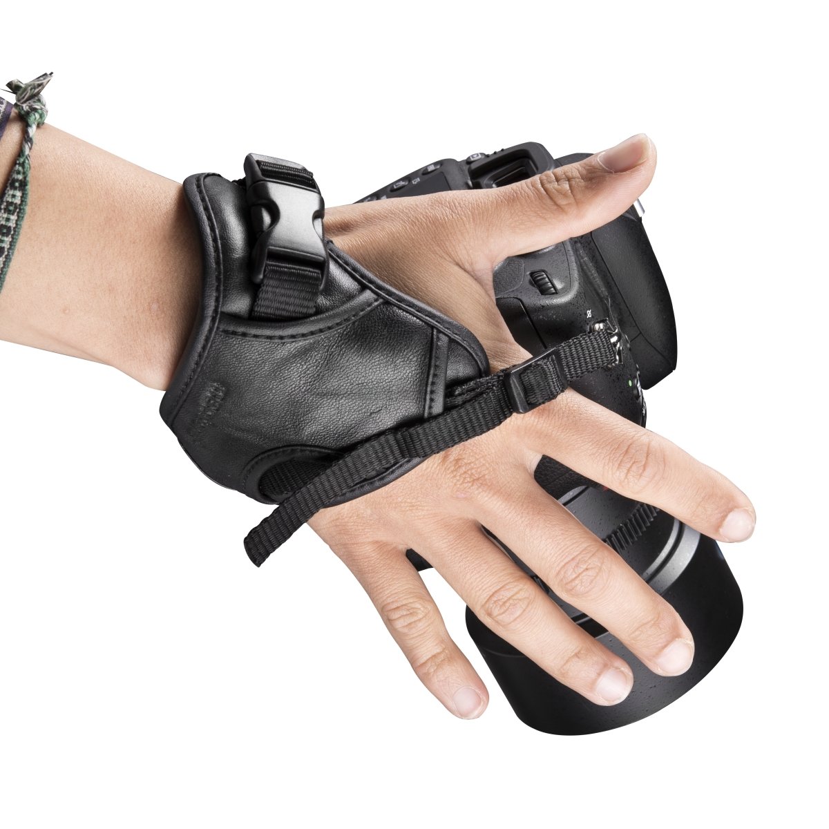 Mantona First Class Leder-Handschlaufe/Handgriff (mit Klickverschluss), Schwarz, 43g