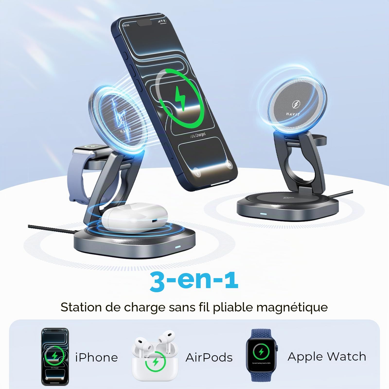 HAVIT Chargeur MagSafe Ultra Compact 3-en-1, Station de Chargement Sans Fil Pliable 15 W pour iPhones, Apple Watch, AirPods et Tous les Téléphones Magnétiquement Compatibles - W3111