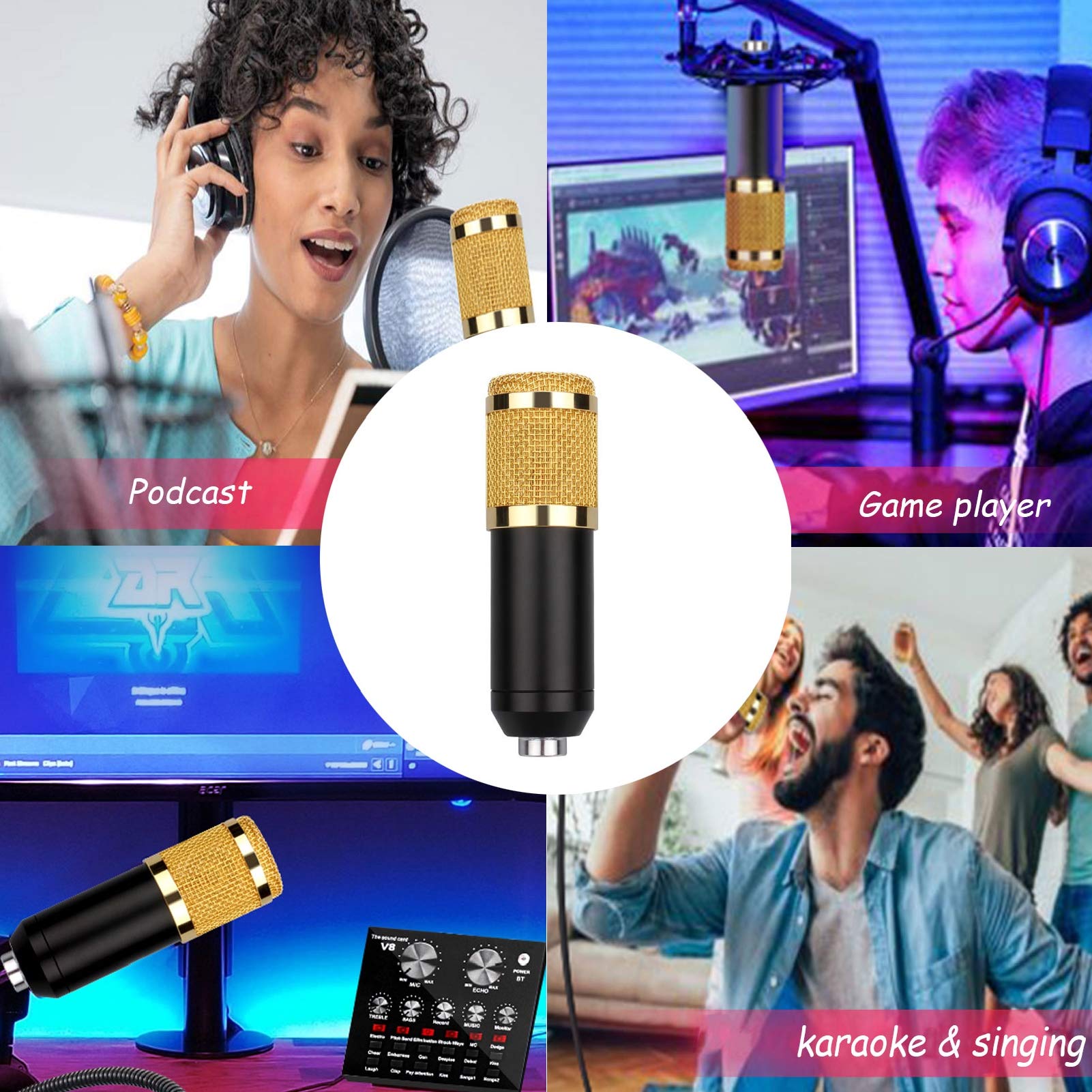 Carte son avec effets en direct Carte son multifonctionnelle en direct, ensemble de microphones pour carte son, ensemble de microphones en métal pour diffusion, support réglable, pour jeux, enreg