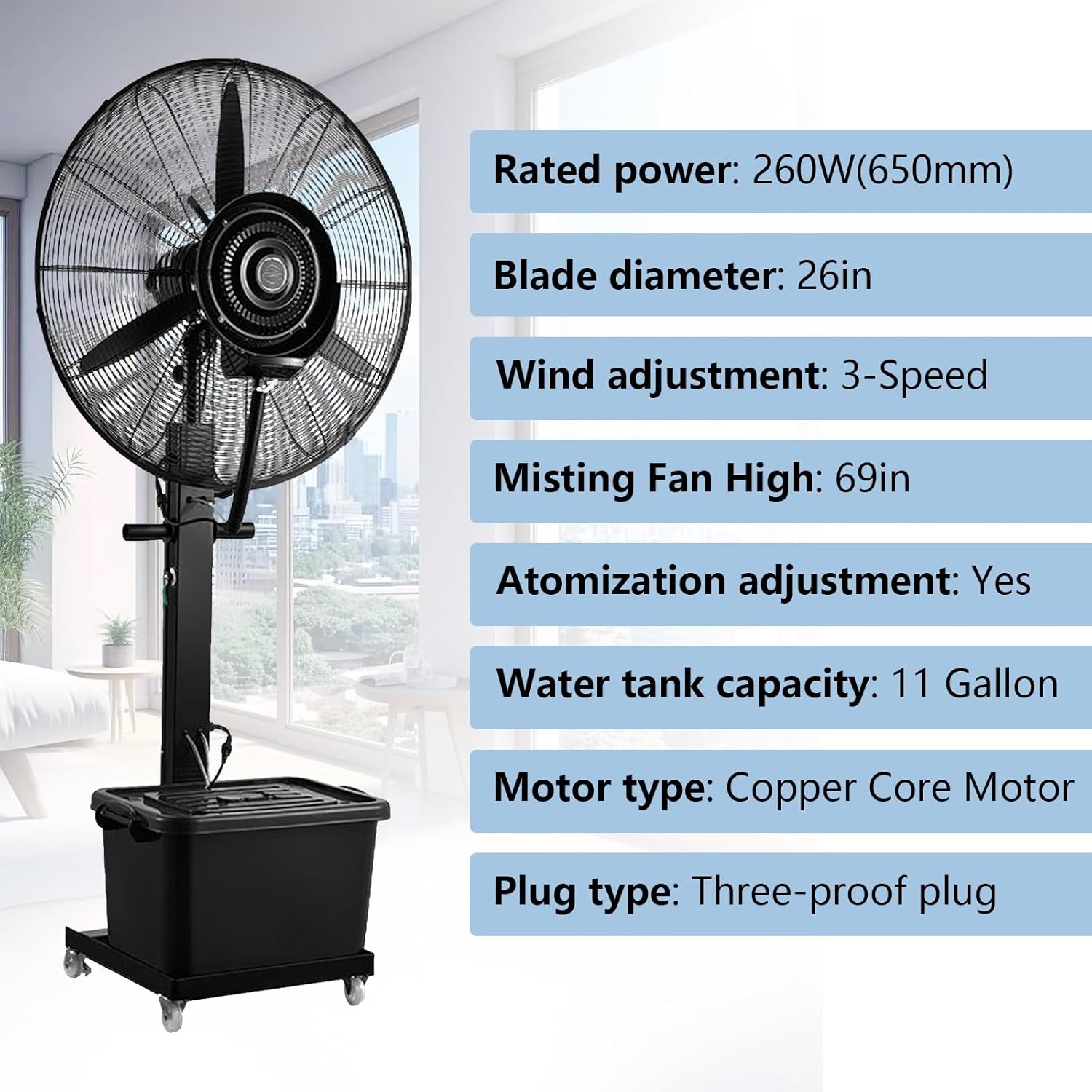 High Velocity Industrial Misting Fan - 3-Speed Pedestal with Water Tank, 120° Oscillation, Low Noise, Aluminum Blades for Optimal Cooling