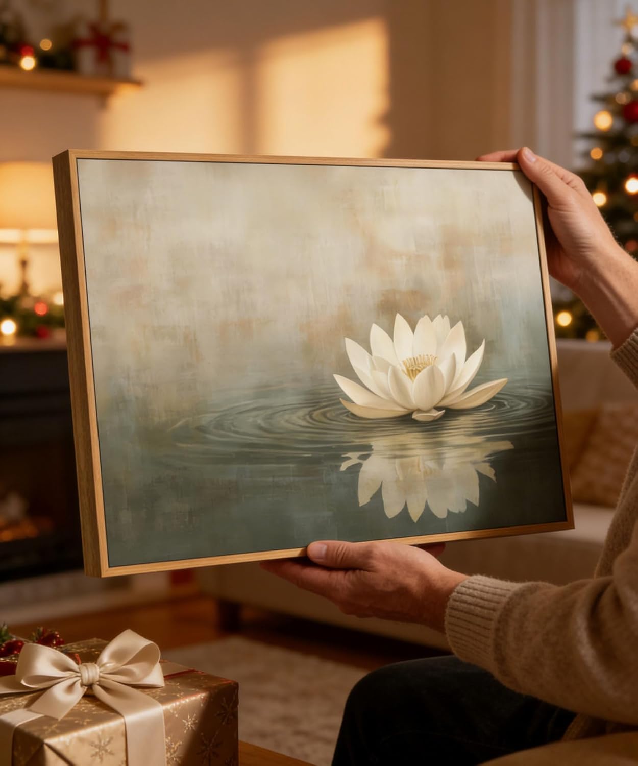 Framed Sage Green Japandi Canvas Wall Art Zen White Lotus Flowers Picture Wall Decor Japanese Wabi Sabi Poster Prints for Yoga Spa Meditation Spiritual Room Living Room Home Decoration 16x24in