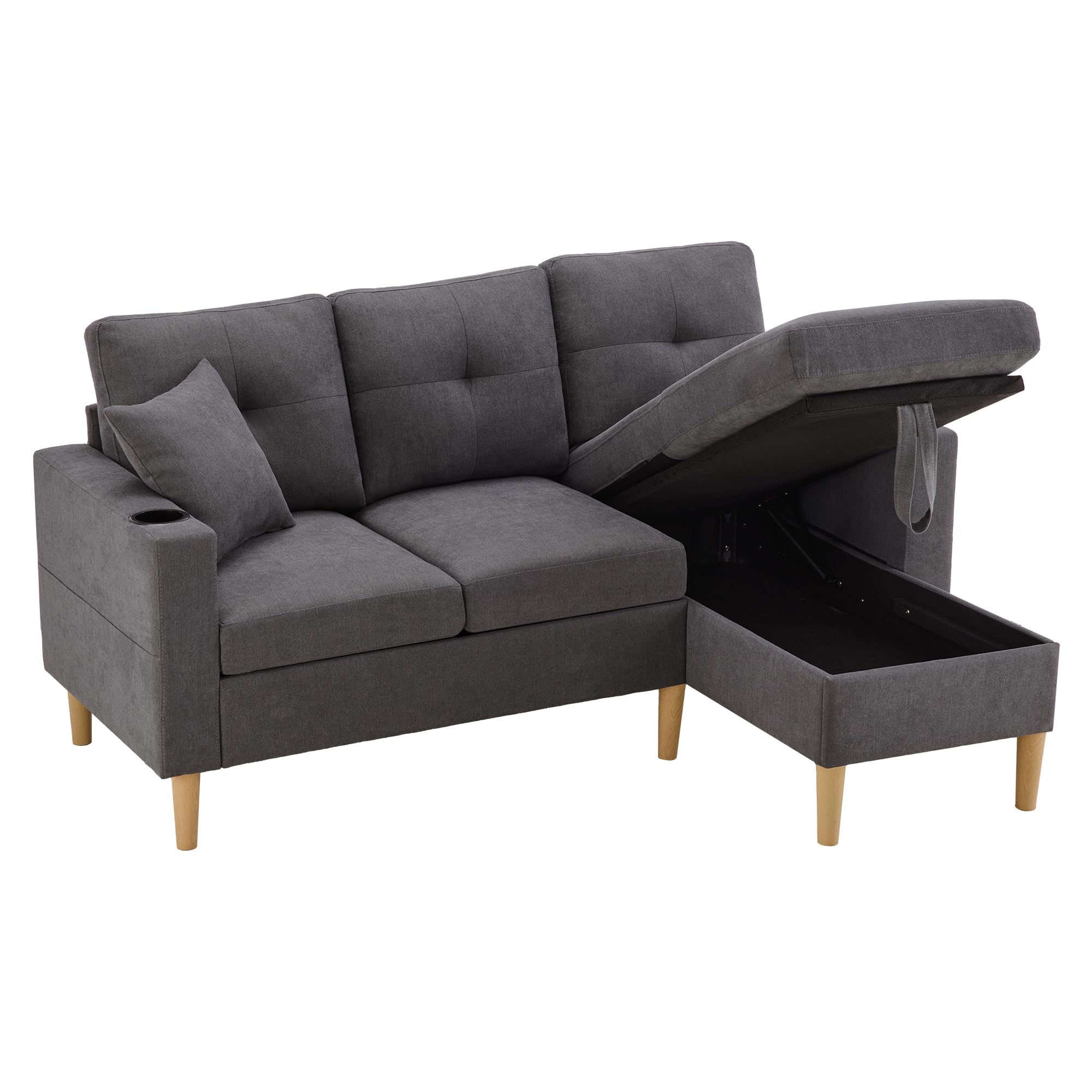 Divano Moderno a Forma di L, a 3 Posti, con Chaiselongue, Portabevande, Spazio per Riporre, Include 2 Cuscini, per Soggiorno, Ufficio, Appartamento (Grigio Scuro)