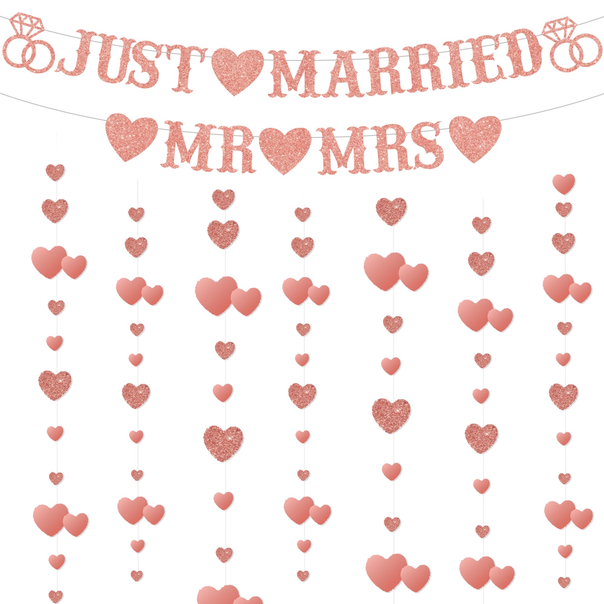 Just Married Banner Wedding Decorations - Rose Gold Mr and Mrs Decoration Set with Heart Garland Hanging, Just Married Letter Bunting Banners for Bridal Shower Party Supplies