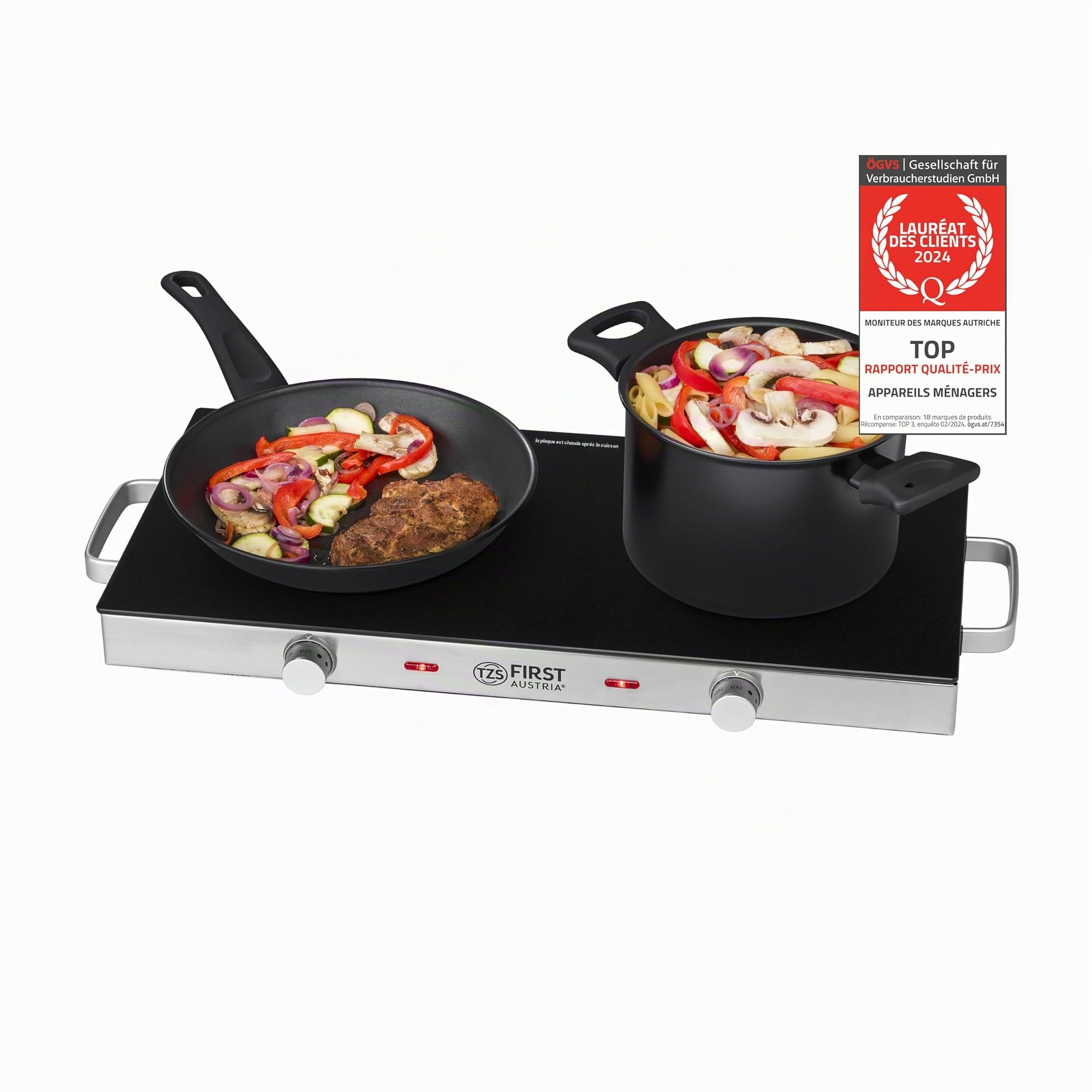 TZS First Austria - Plaque de cuisson double infrarouge vitrocéramique TOUS types de casseroles 2800W - Mini réchaud électrique pour déménagement, camping & maison - Réglage continu et témoin contrôle