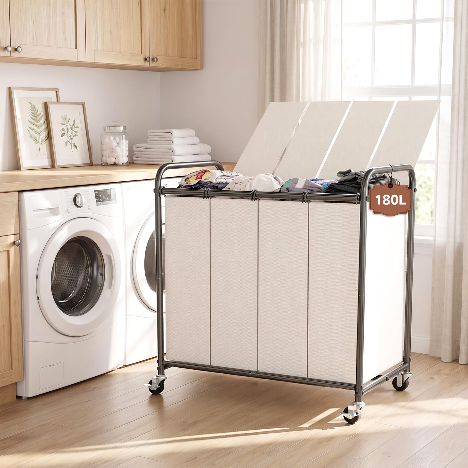 180L Laundry Sorter 4 Section with Lockable Wheels and Lid White