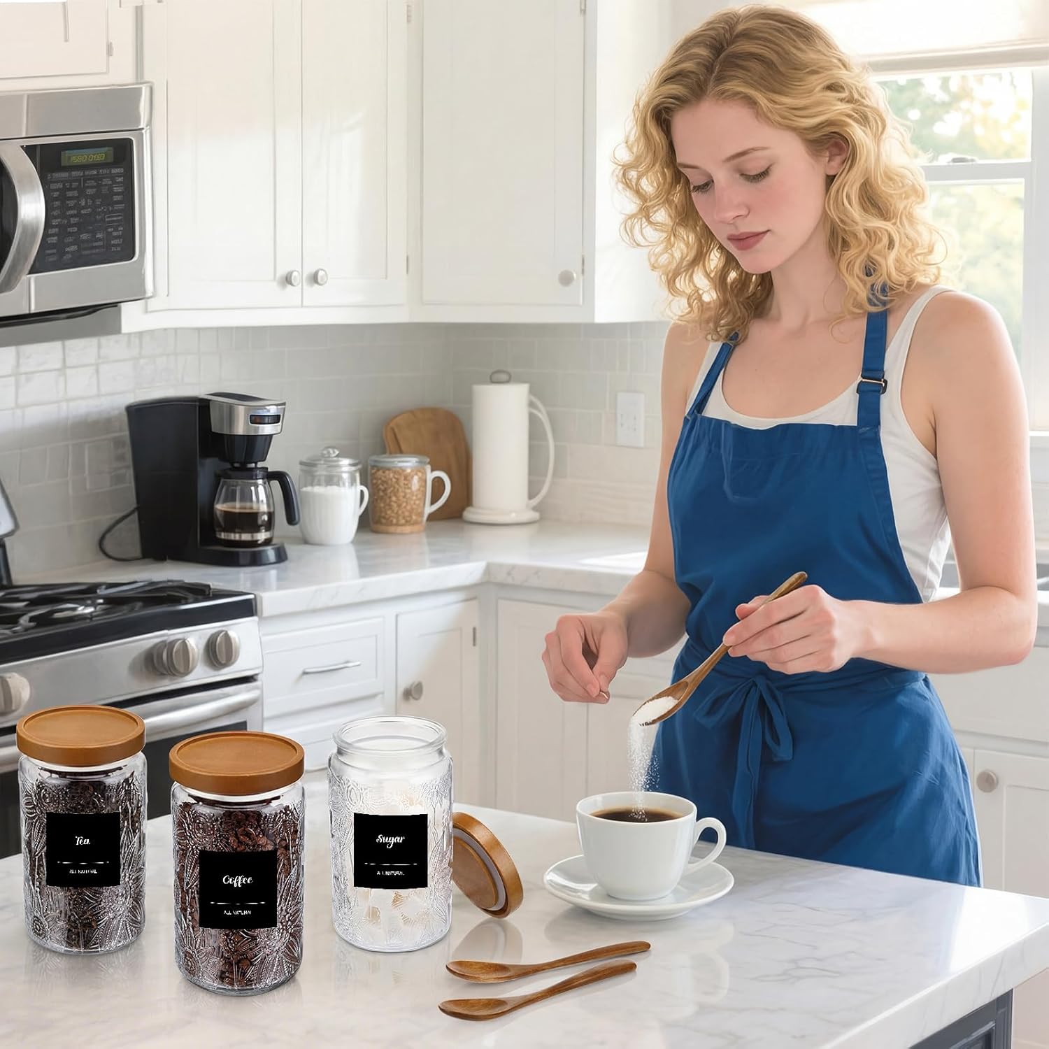 3 Pcs Glass Coffee Container Set with Wooden Lid Spoon Shelf Labels Clear Sugar Tea Airtight Jar Food Storage Canisters Set for Spice Holder Coffee Bar Gifts(Sunflower,32 oz)