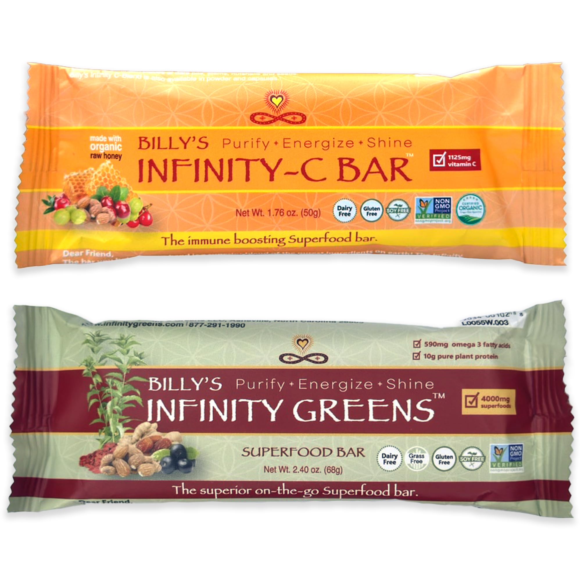 Infinity GreensBundle, 1 Box Green Superfood Bars (12 Pack), 1 Box Organic Vitamin C Snack Bars (12 Pack)