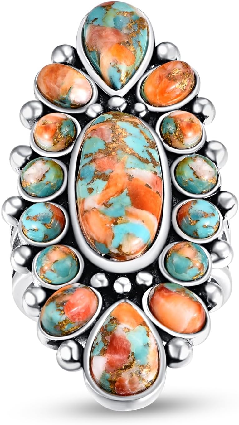 Turquoise 925 Sterling Silver Ring for Women, Bohemian Flower Statement Band, Vintage Genuine Gemstones Black Oxidized Rings Size 6-9 - Image 6