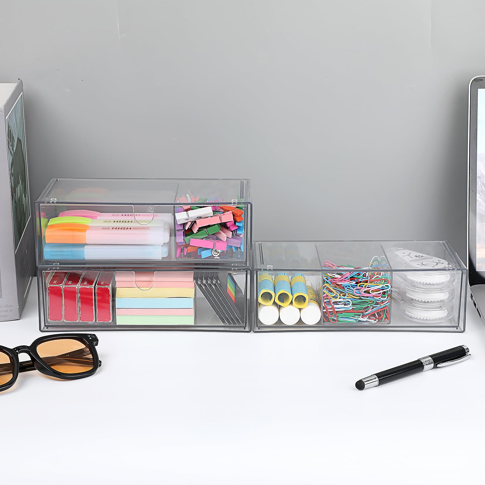 SUMTree Organisateur de tiroirs transparent plastique 3 tiroirs Boîte de rangement empilable 21x10x6cm