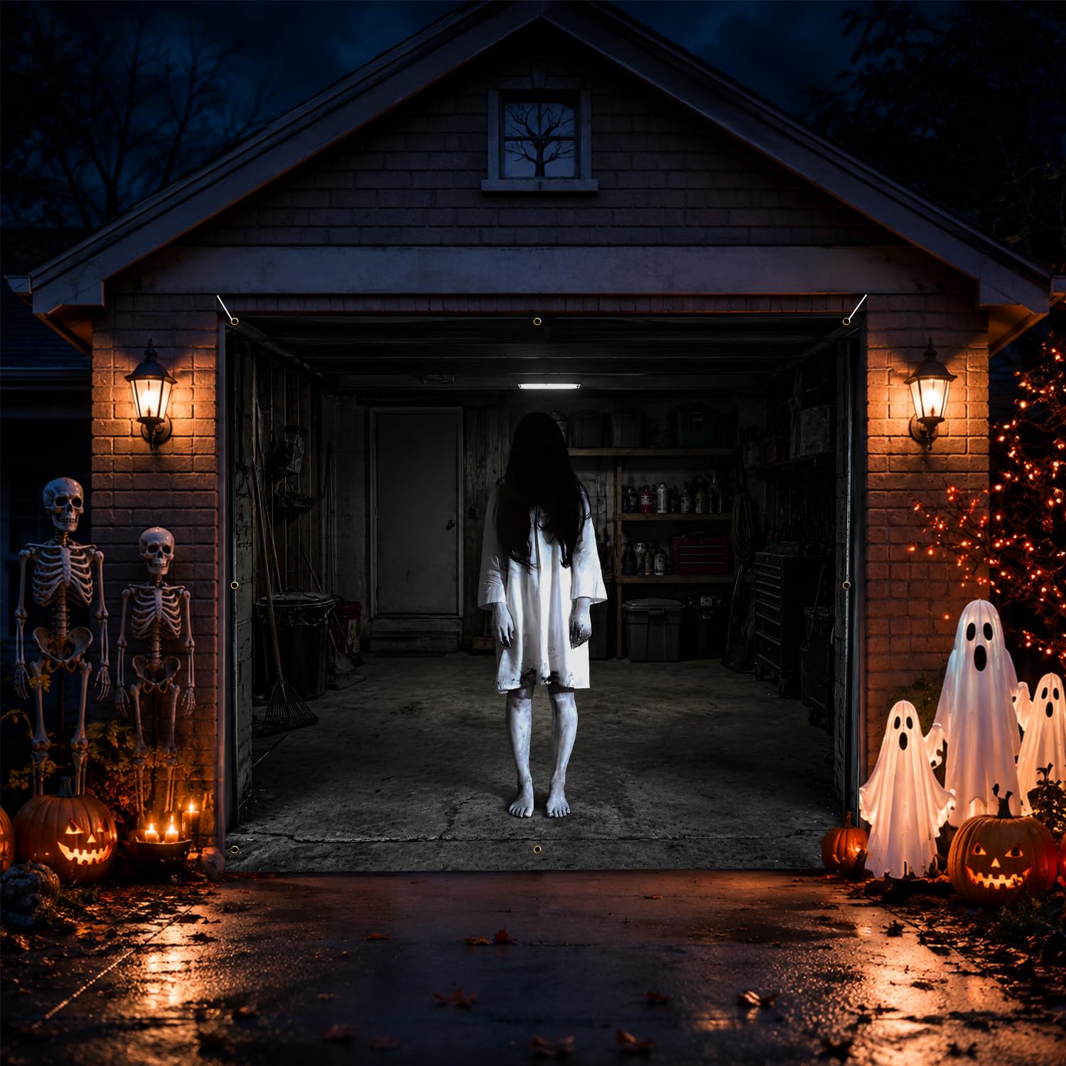 Halloween Scary Garage Banner 7ft x 8ft for Garage Door Cover Party Decor (White-Woman)
