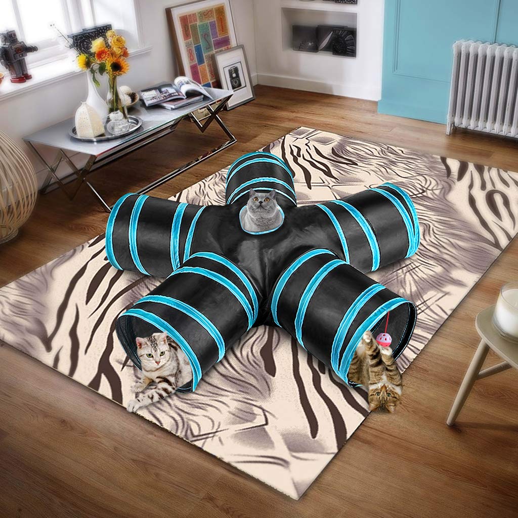 Túnel de juguete para gatos de 5 vías, tubo plegable, juego interactivo con pompones y campanas para gatos, cachorros, conejos, cobayas, uso interior y exterior