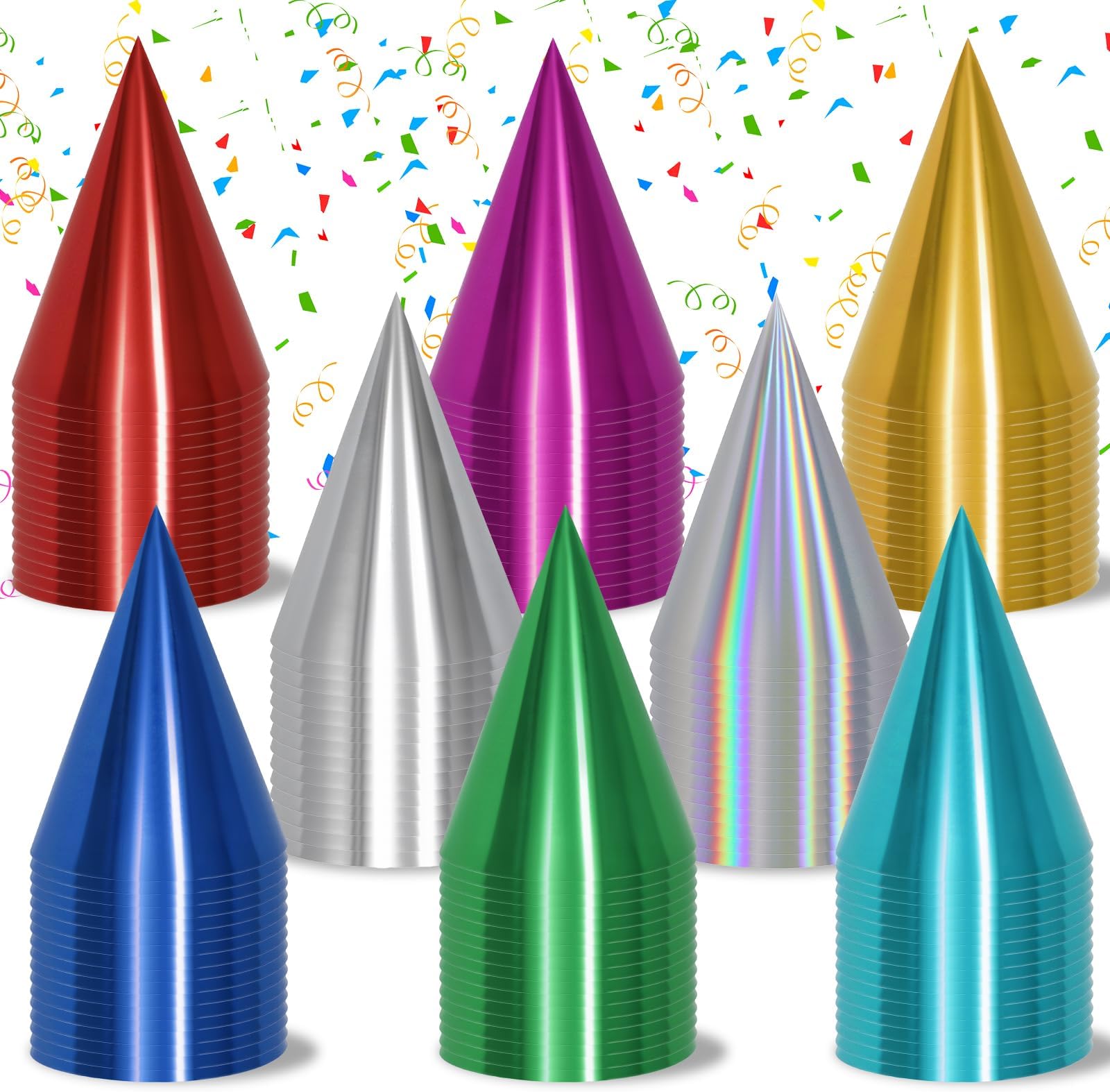 120/240 PCS Metallic Cone Birthday Party Hats Bulk Set with Elastic String, 8 Colorful Celebration Headwear