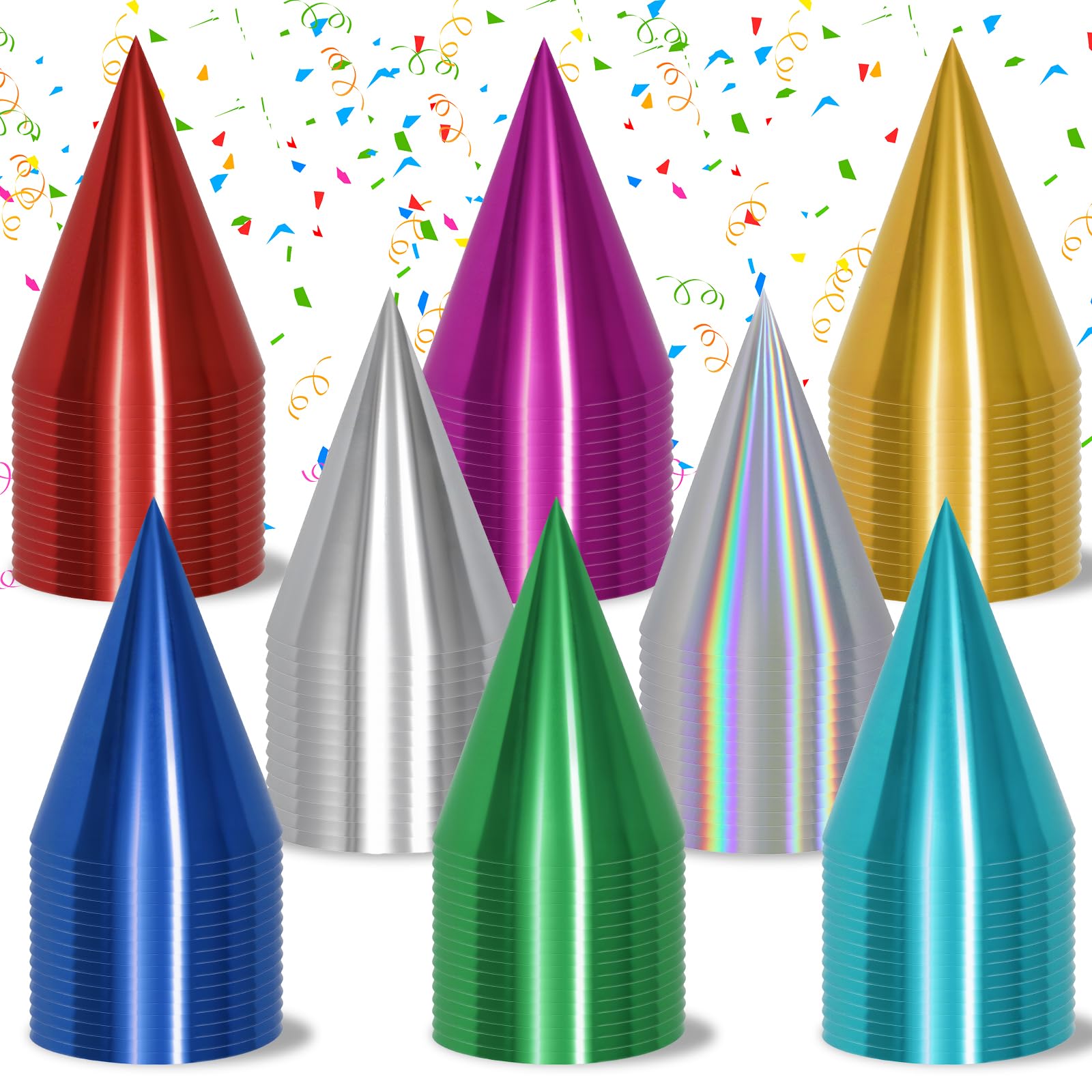 120/240 PCS Metallic Cone Birthday Party Hats Bulk Set with Elastic String, 8 Colorful Celebration Headwear