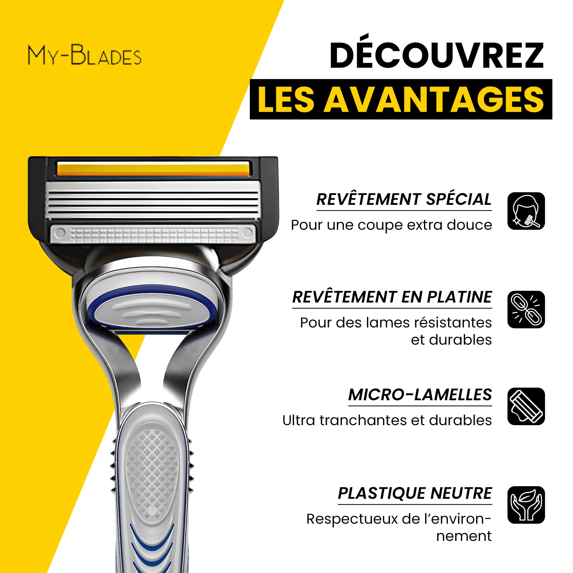 Lames de rasoir compatibles avec Gillette Fusion 5, My-Blades lot de 16 recharges à 5 lames de rechange pour homme, peu de plastique et écologique, revêtement platine