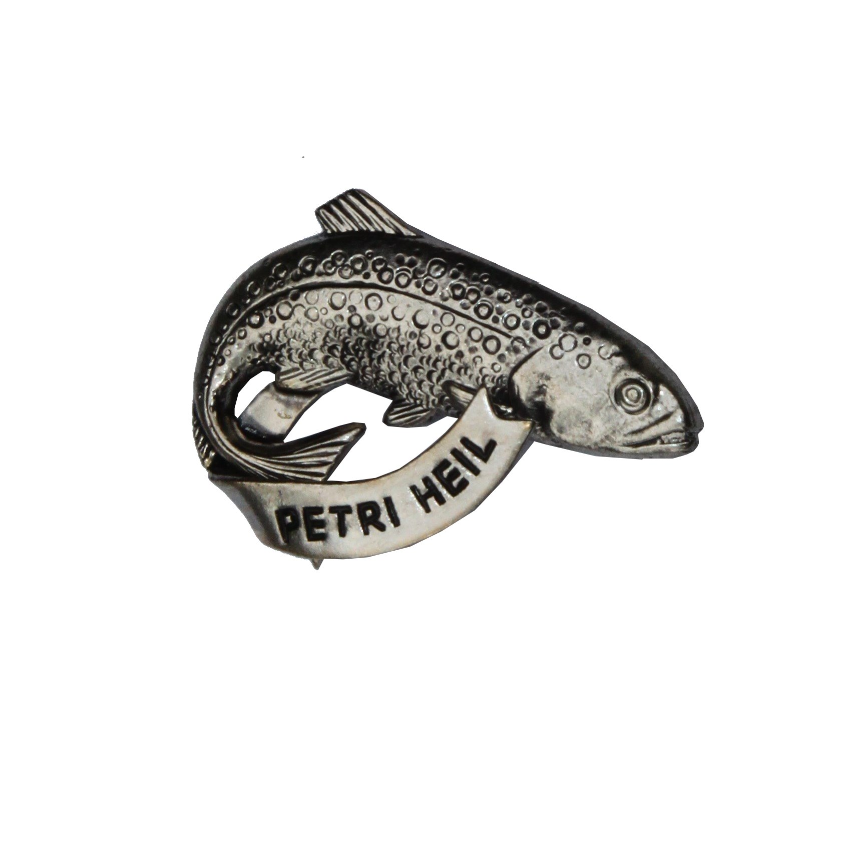 Breiter Hutanstecker Hutabzeichen Hutschmuck Anstecker – Forelle Petri Heil – 3,5 x 2,5 cm - Abzeichen für den Angel-Sport