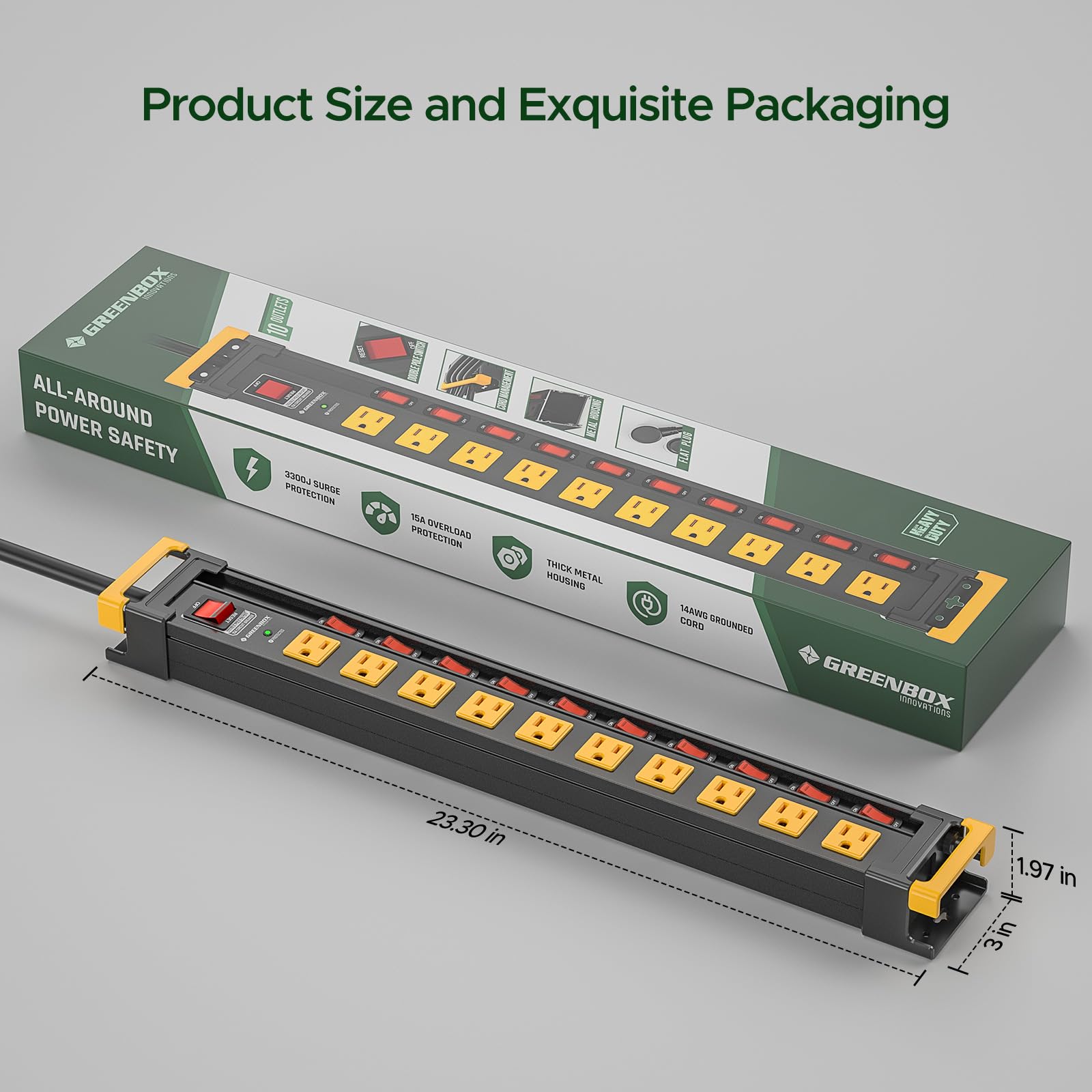 Regleta de alimentación resistente de 10 tomas con interruptores individuales, protector de sobretensiones de metal, enchufe plano, protección de sobrecarga 3300J 15A/1875W, gestión de cables de 6
