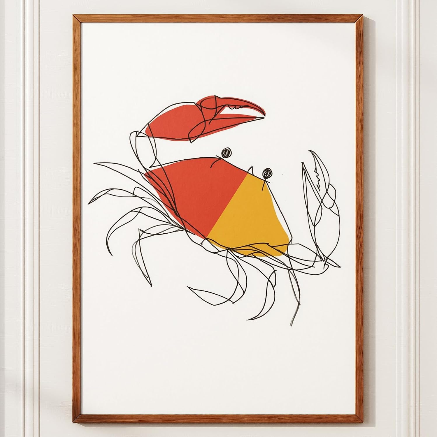 Kitchco Crab Line Art Wall Print, Abstract Coastal Animal Art in Coral Red and Mustard Yellow, Minimalist Modern Boho Decor - 12x16 in (30x40 cm)