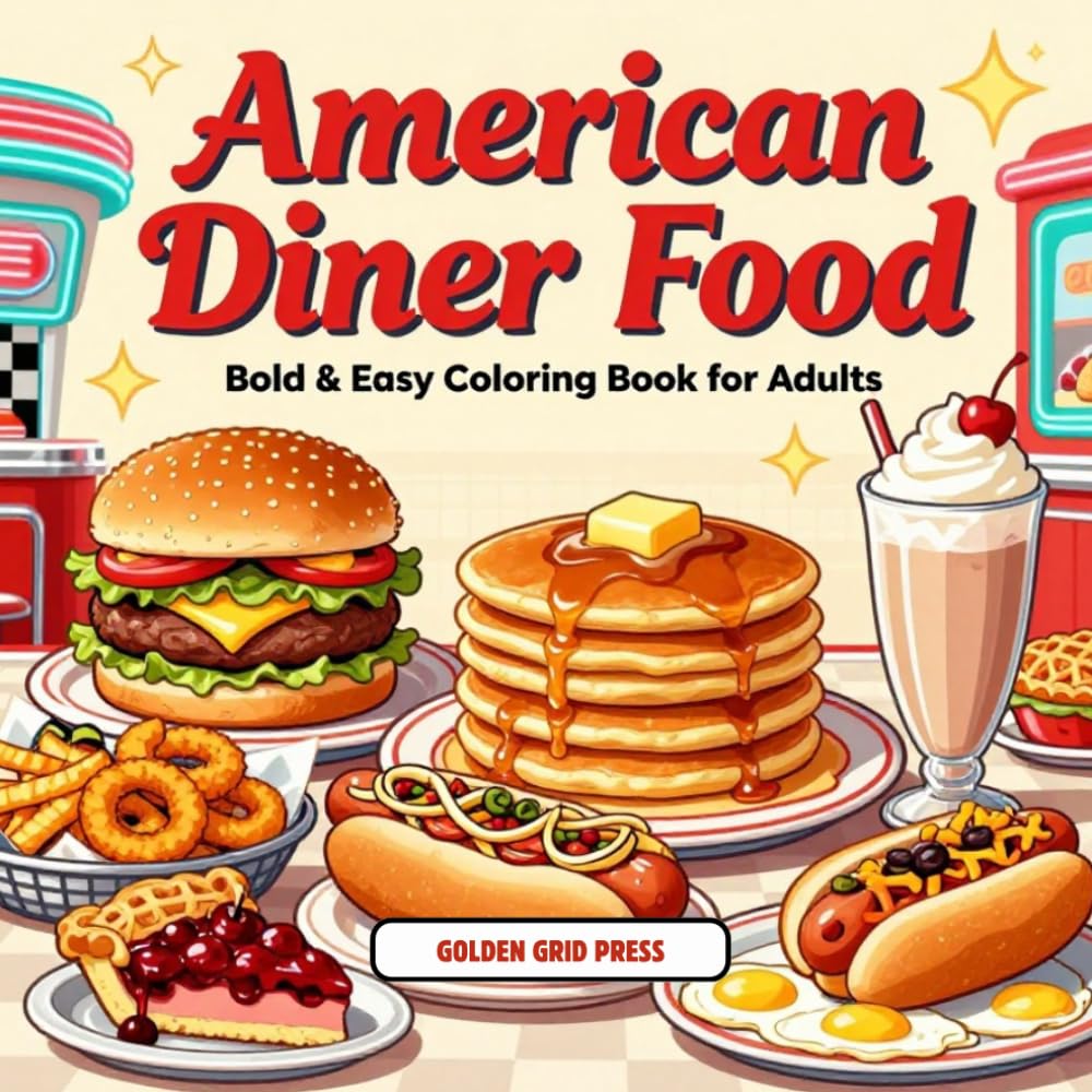 American Diner Food Bold & Easy Coloring Book for Adults: Classic Diner Meals, Burgers, Milkshakes, Pancakes & Comfort Food Stress Relief Coloring Pages