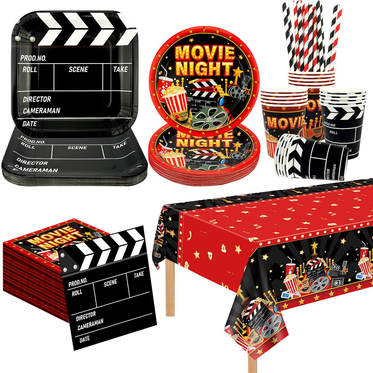 Movie Night Party Supplies Decorations, 20 Guests, Movie Night Decorations Includes Plates, Napkins, Cups, Tablecloth, Straw for Theater Party Red Carpet Birthday Decor