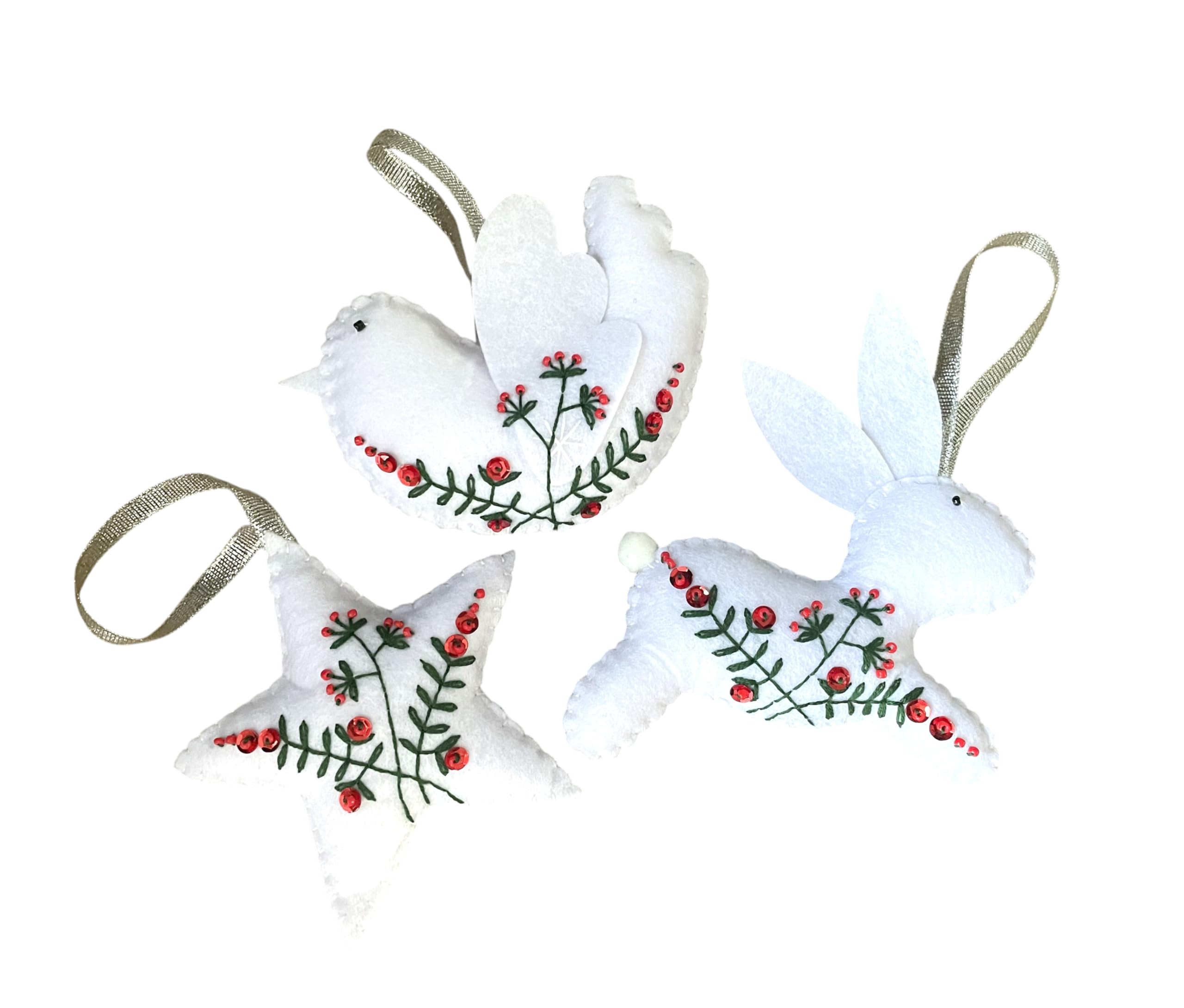 Handmade felt Christmas decorations hanging Xmas ornaments Bunny, Bird, Star (Christmas set)