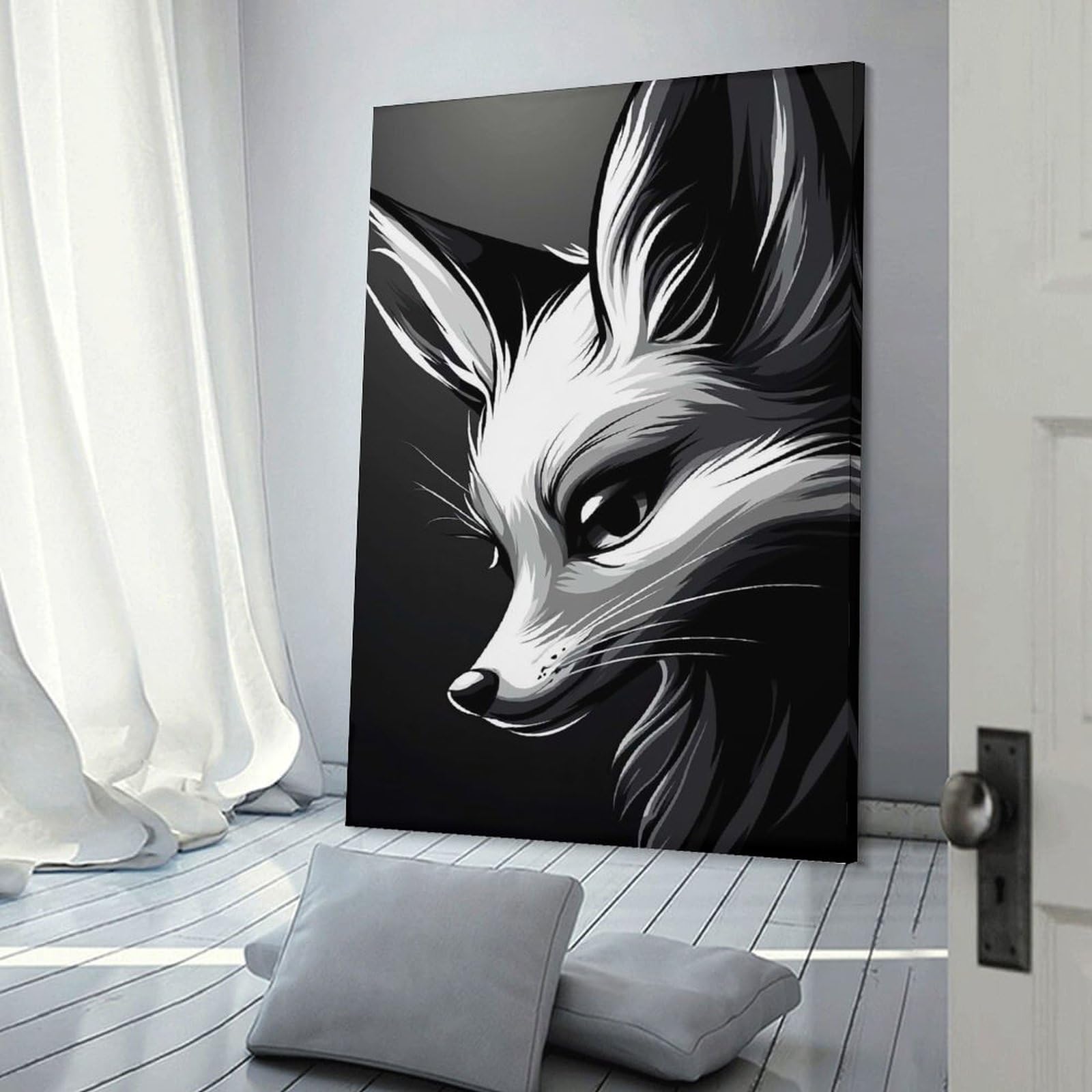 Junmoney Decorative Wall Artwork Fox Portrait in Black And White, 16x24inch(40x60cm), for Lounge, Bedroom Or Personal Spaces, Gift Idea for Housewarming And Birthdays