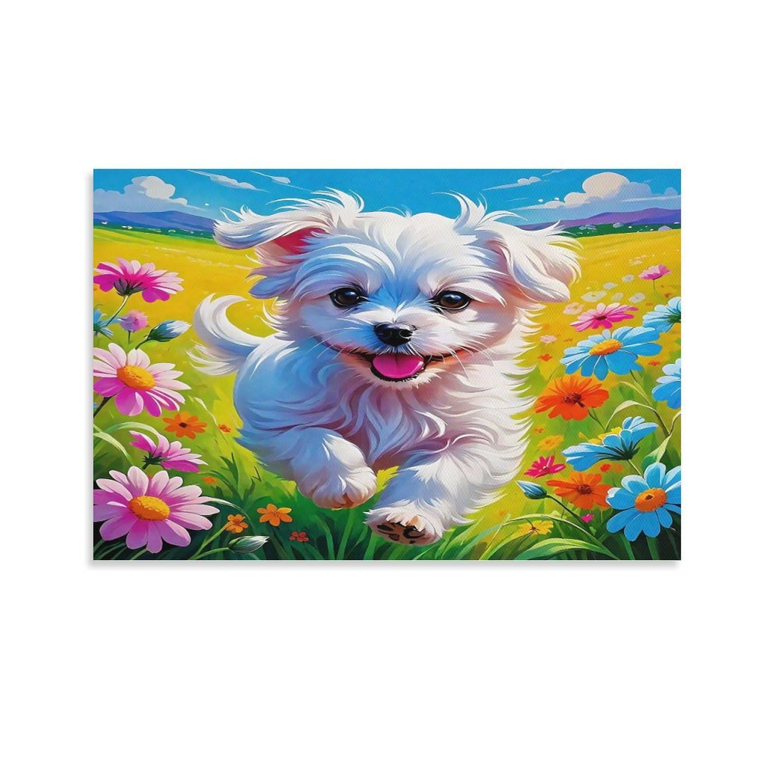 CPLVKWRQJ A Dog Single Cute Puppy Running in Flowers Canvas Wall Art - Birthday Gift Office Canvas Print Fade Resistant Wall Decor 20x30inch(50x75cm)