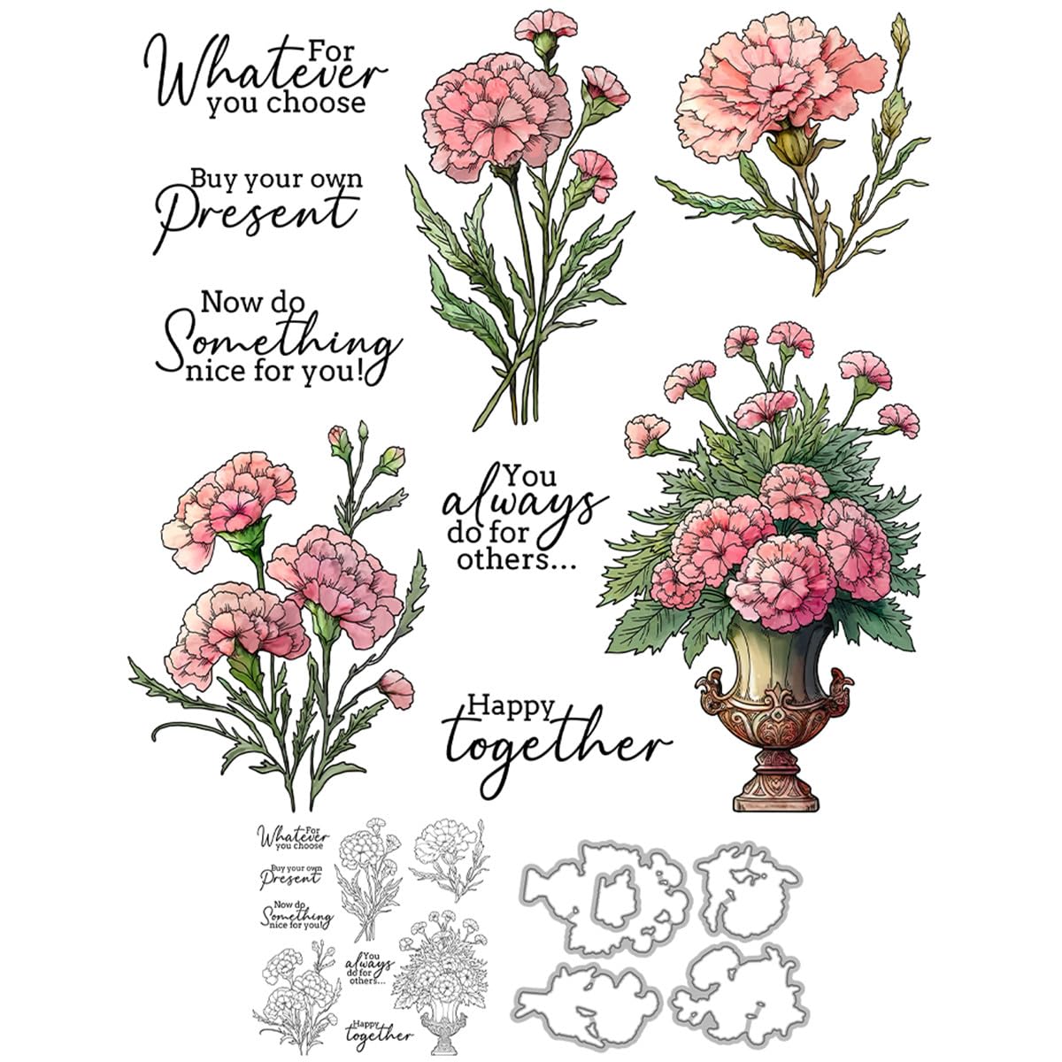 Carnations Stamps and Die Cuts for Card Making Vase Transparent Silicone Clear Stamp and Metal Cutting Dies Sets for DIY Scrapbooking Paper Crafting Seals Decorative Supplies