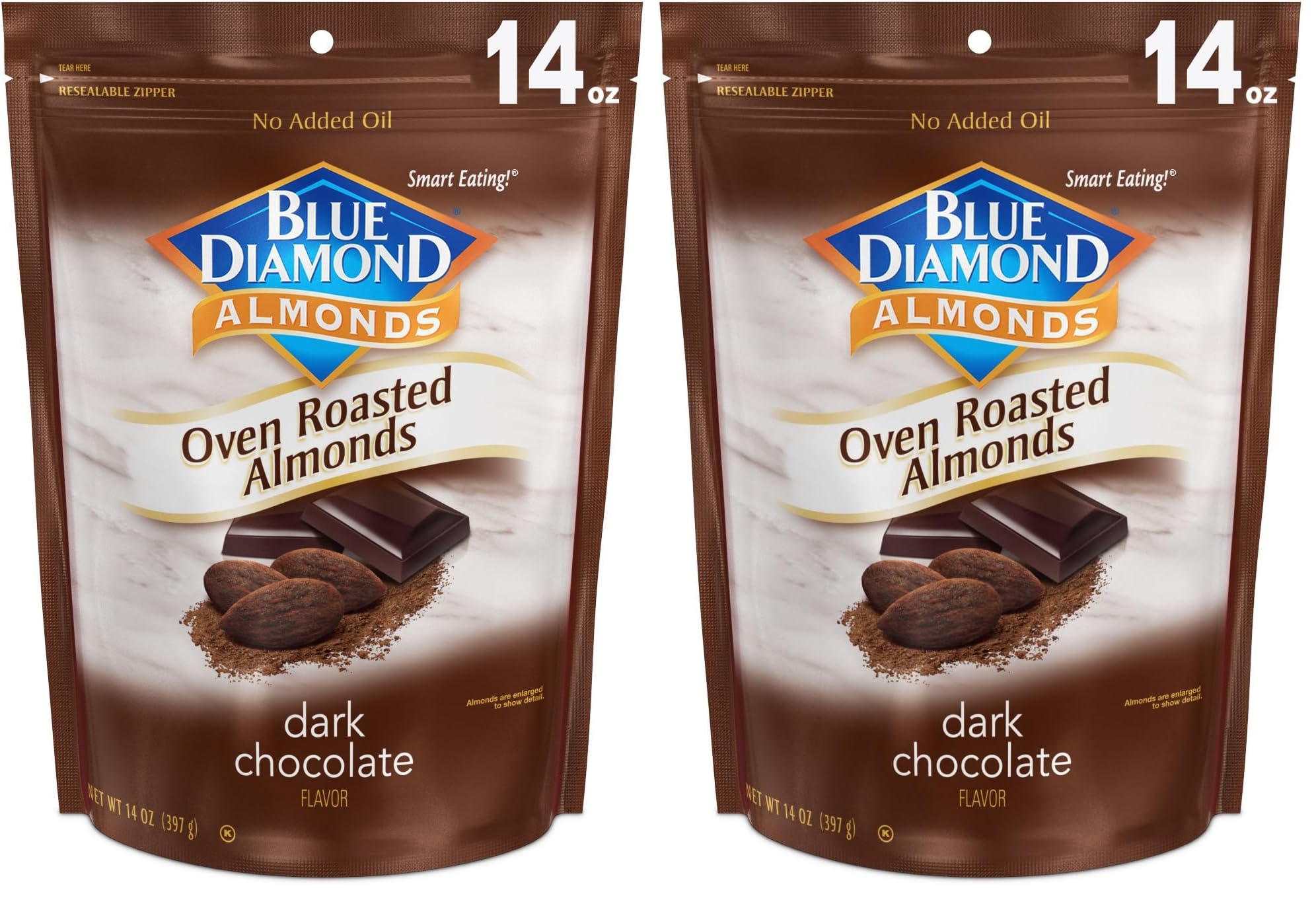 Blue Diamond Almonds Oven Roasted Dark Chocolate Flavored Snack Nuts, 14 Oz Resealable Bag (Pack of 2)