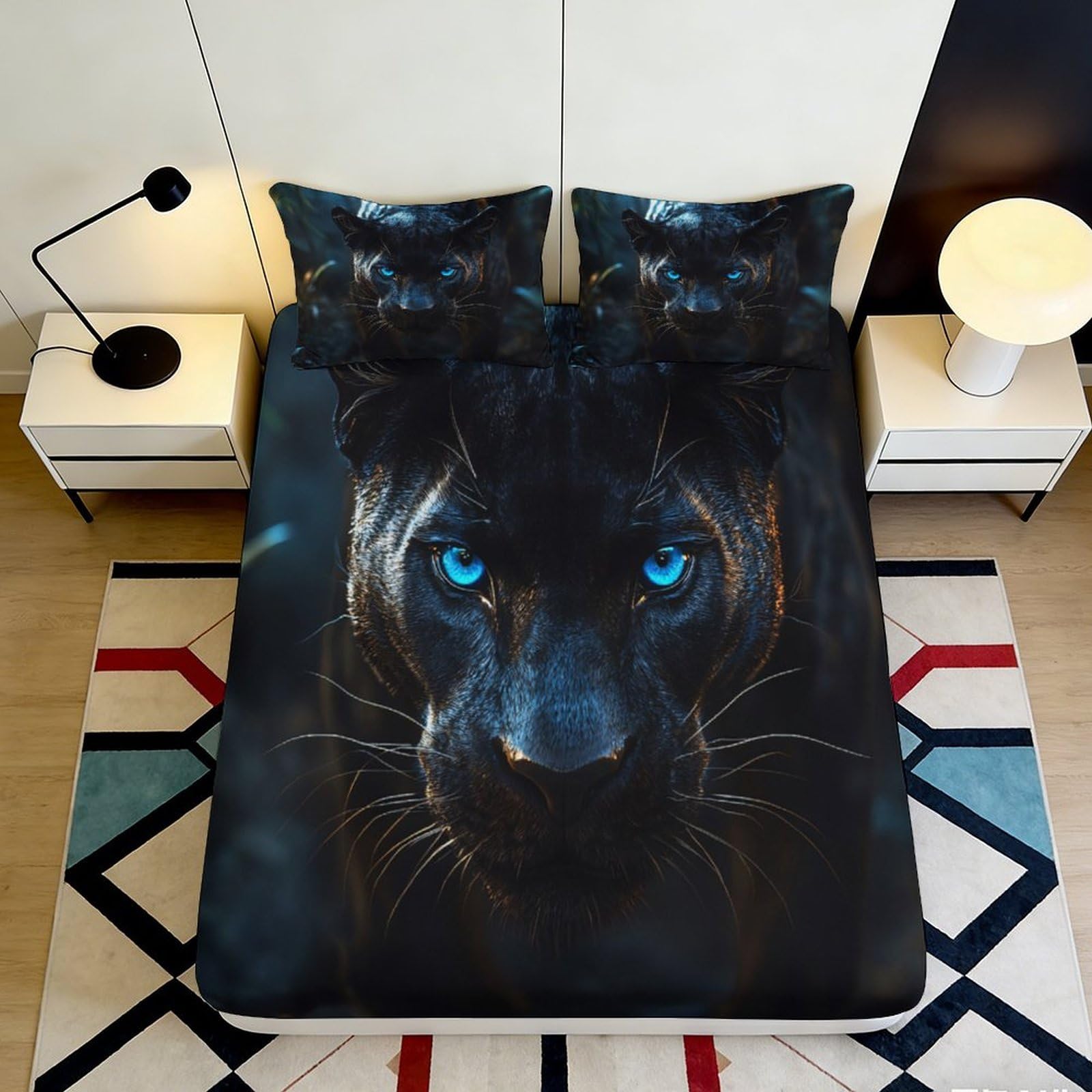 3D Printed Black Panther Fitted Sheet Microfiber Soft Breathable Blue Eyes Bed Cover for Bedroom Dorm Mattress Protection Decor 90x200x25cm