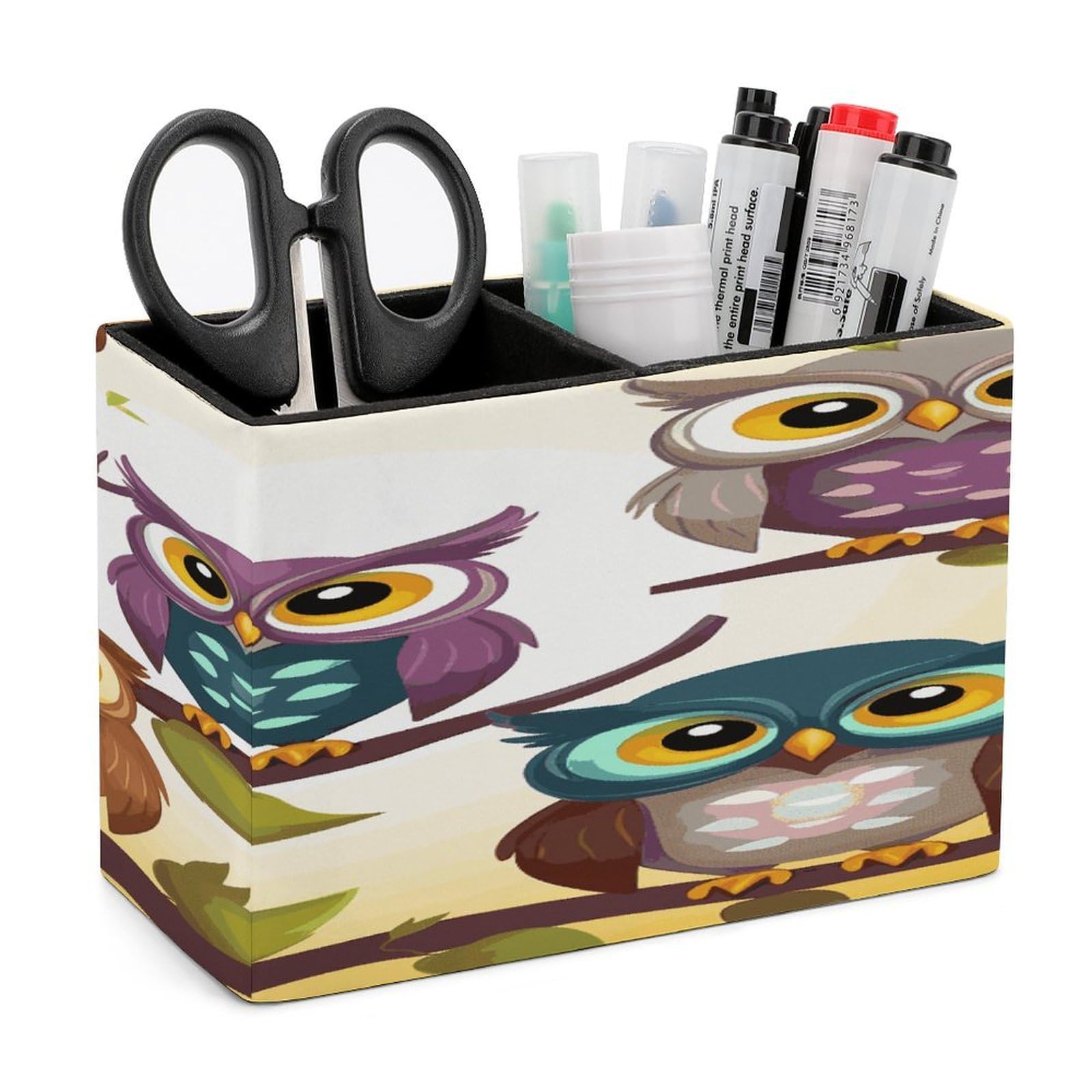LDGSUPH Owls Birds Leather Pen Holder for Desk Organizer Caddy Large Pencil Cup Multi-function Pencil Holder Makeup Brush Holders Pen Organizer for Home Office Storage Box
