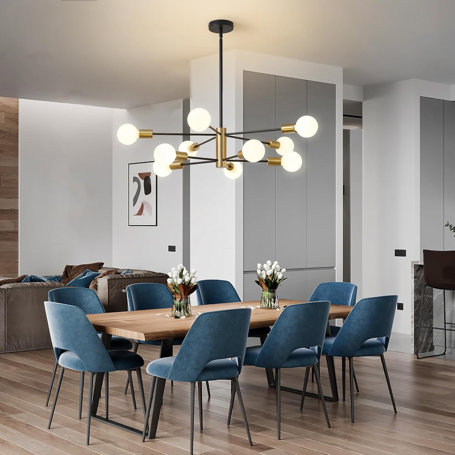 Lampadario Moderno, Lampada a Soffitto Sputnik, Lampadario Oro e Nero in Stile Fattoria, Plafoniera sopra il Tavolo, Lampada a Sospensione a 10 Fiamme per Sala da Pranzo, Soggiorno