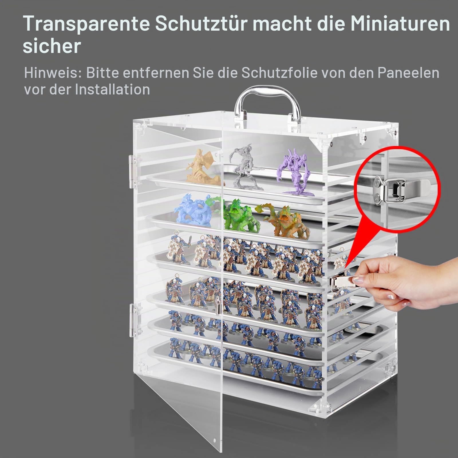 Miniatur Sammelobjekthülle aus transparentem Acryl mit Schutztür, kompatibel mit Warhammer 40k, DND und mehr (Standard with backpack)
