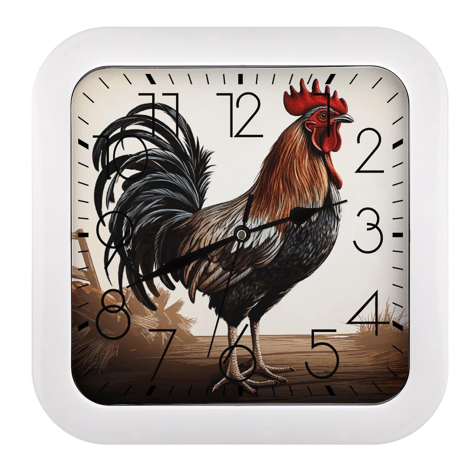 LZQPOEAS Rooster Square Wall Clock, 10.2 Inch Battery Operated Silent Non-Ticking Wall Clock, Square Analog Decorative Clock for Home Wall Art, Living Room, Bedroom, and Office