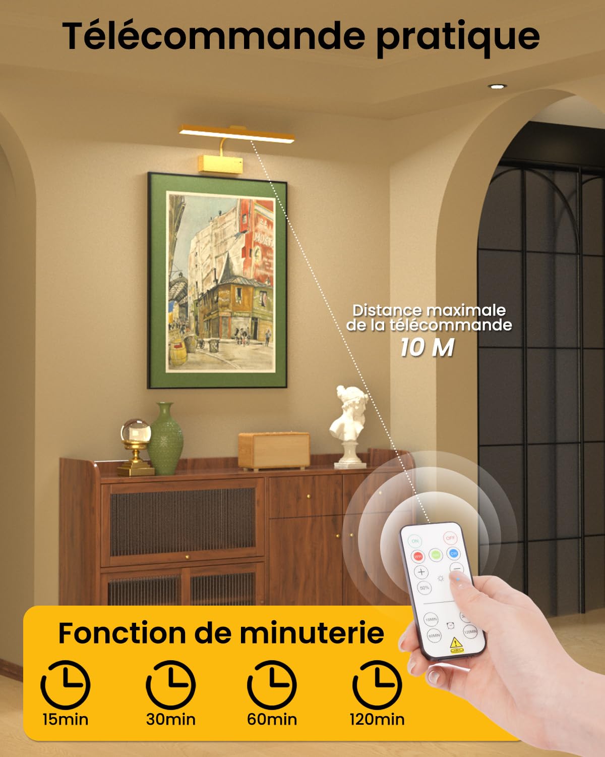Applique Murale pour Tableaux, Eclairage Tableau sans fil Rechargeable 3000mAh avec Télécommande et Minuterie, Lampe Murale LED Magnétique Dimmable pour Art, Galerie, Cible de Fléchettes, Or