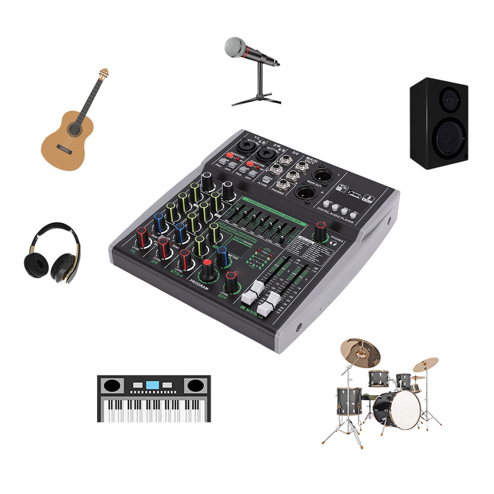 Mezclador de DJ Bluetooth de 4 Canales Consola de Mezcla de Audio, 99 Efectos EQ de 7 Bandas, Interfaz USB de Alimentación Fantasma de 48 V para Grabación en Karaoke Podcast (Enchufe de la