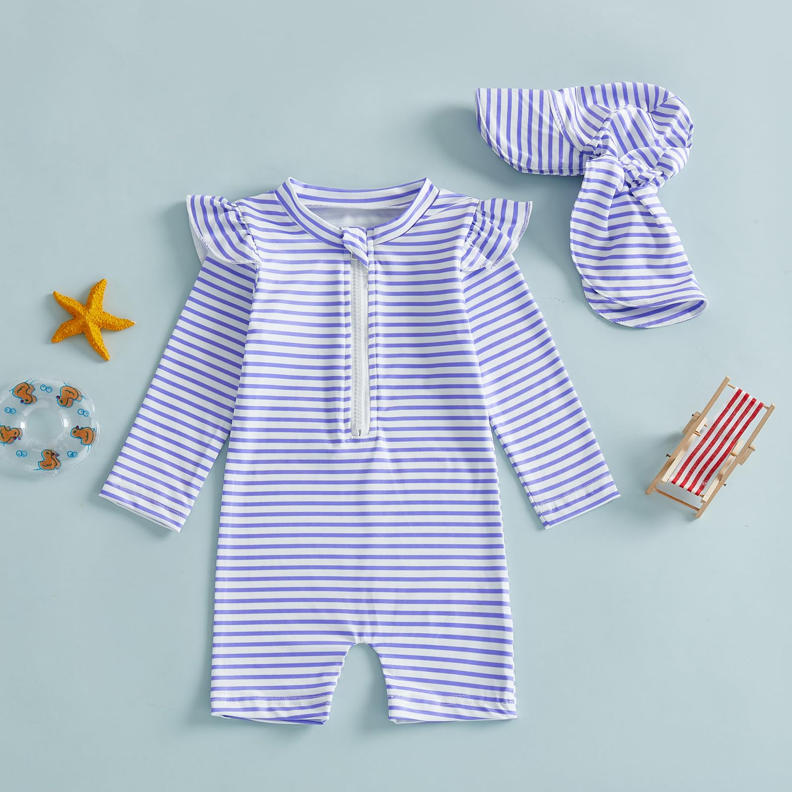 Costume da bagno per neonata, costume da bagno con cappello, 2 pezzi a maniche lunghe con cerniera