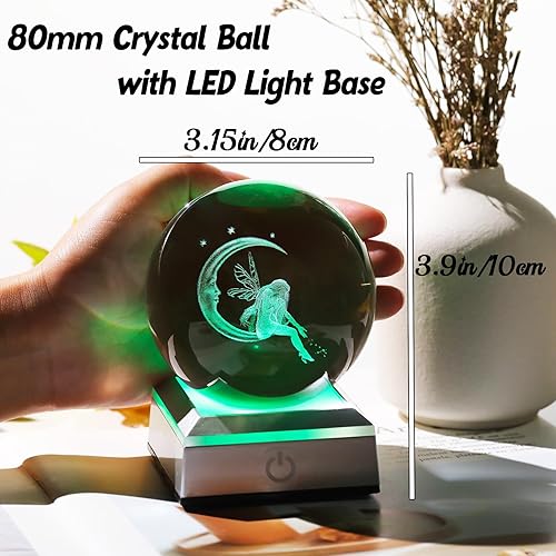 Miniatura 5 de Ornalrist Bola de cristal de 3.15"8CM grabada en 3D de hadas con luna para hija, esposa, esfera de cristal con base LED colorida ideas en