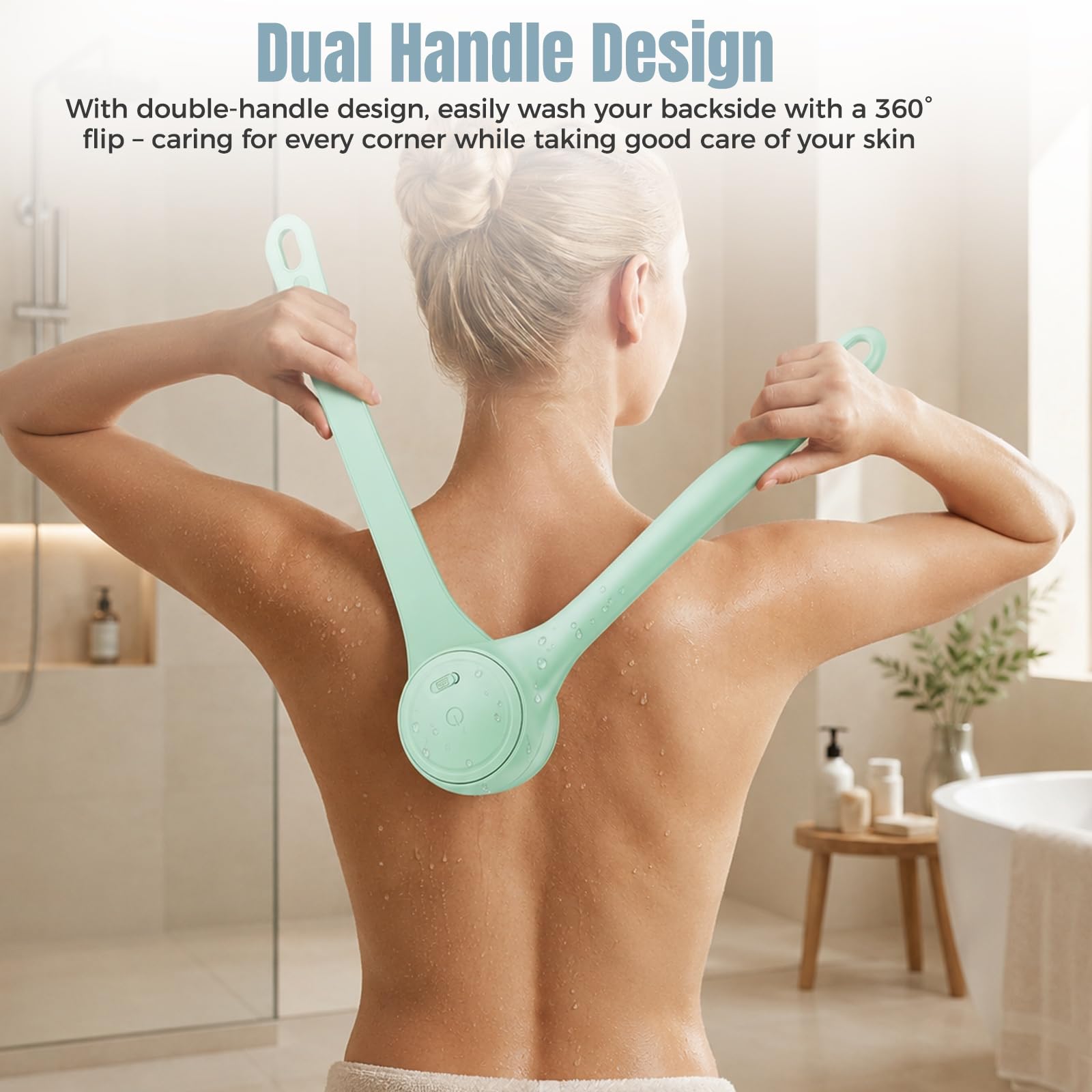 Elektrische Rückenbürste, Duschbürste mit 4 Reinigungsköpfen zum Eincremen Körperbürste für Women Men Senioren, IPX7, Doppelgriff mit 360-Grad-Drehung für Spa Exfoliating Massage (Milchkaffee)