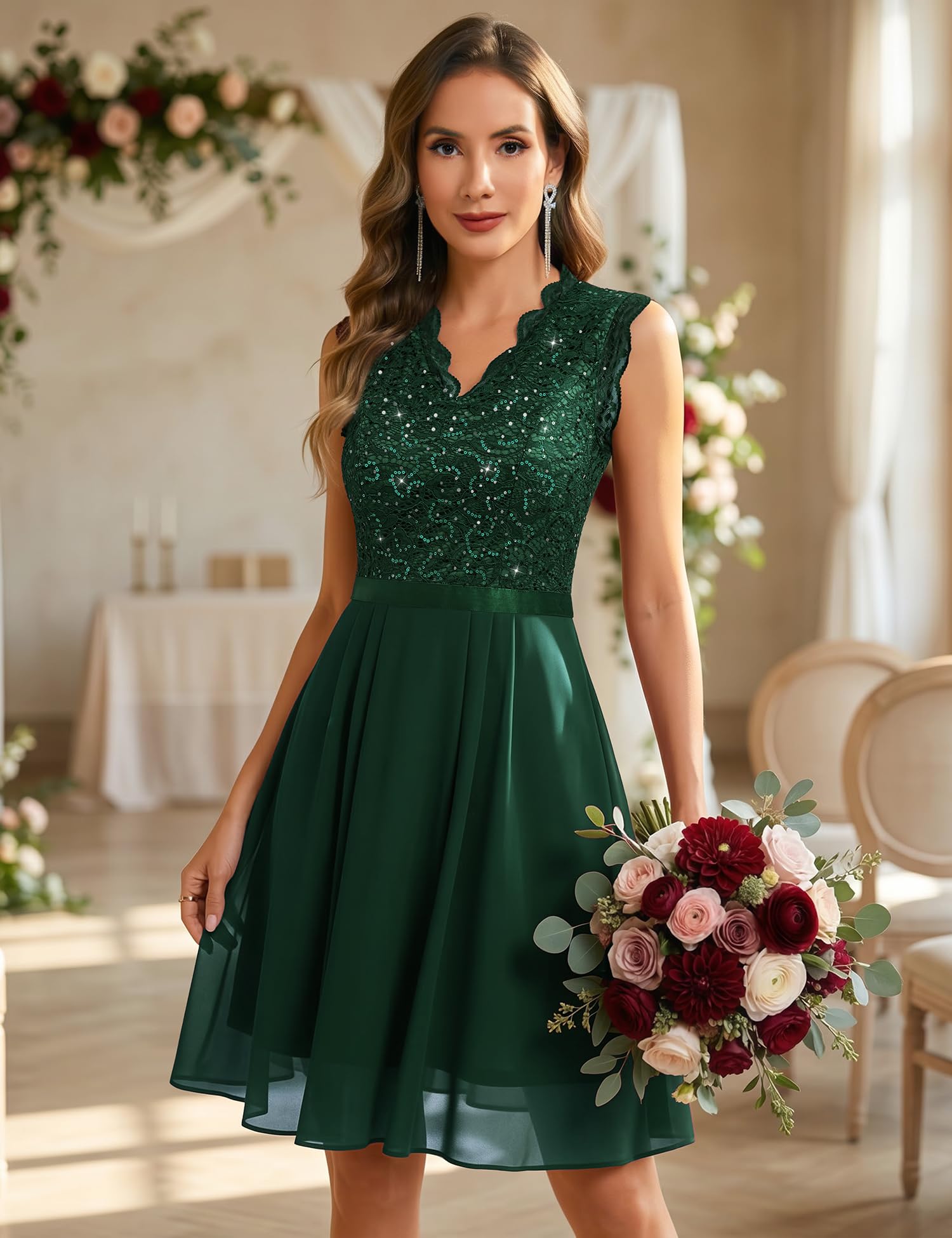 Pailletten Cocktailkleid Damen Elegant Knielang Glitzerkleid Chiffon Kleider Hochzeitskleider