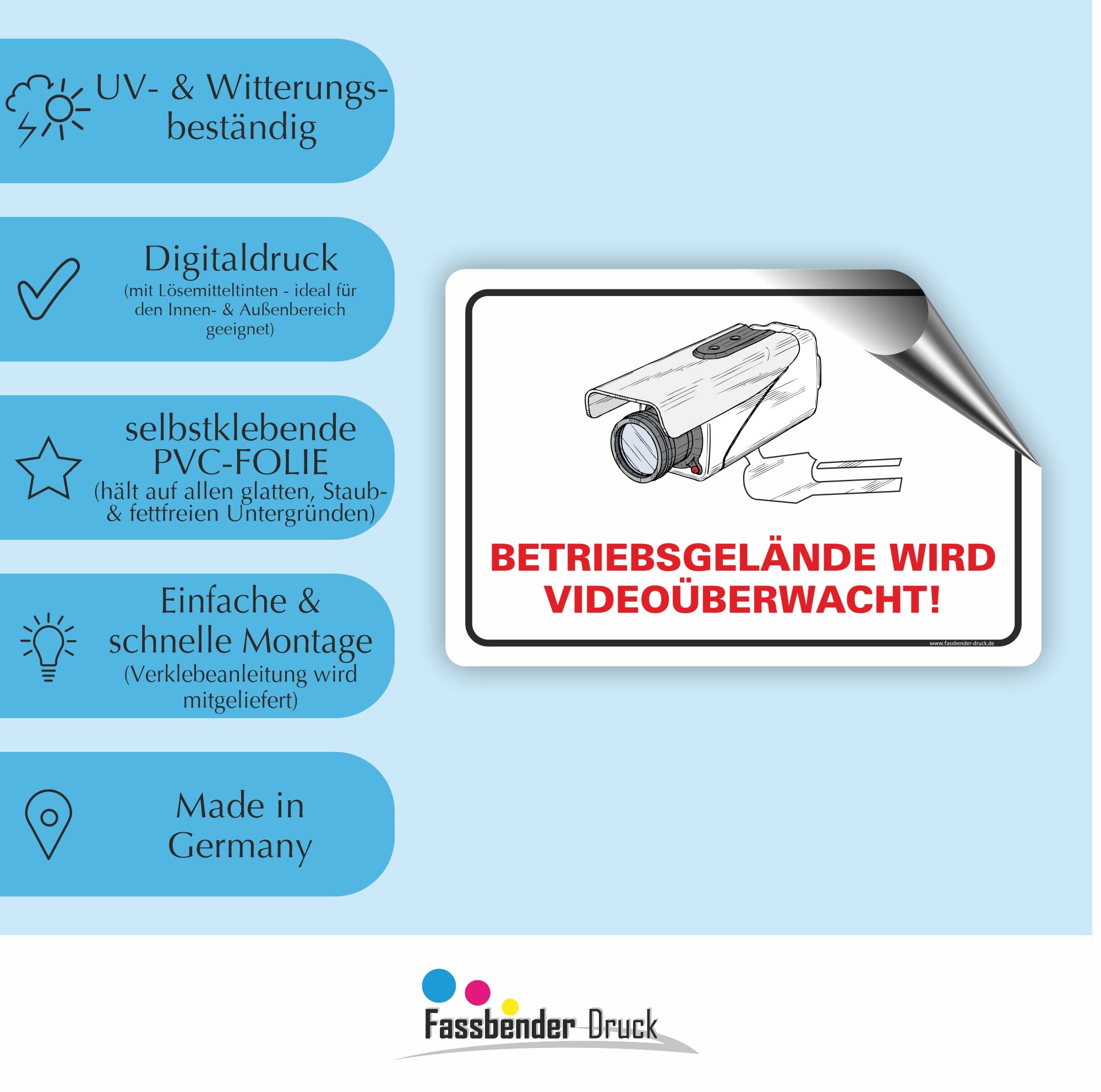 BETRIEBSGELÄNDE VIDEOÜBERWACHT Schild zum Markieren eines videoüberwachten Bereiches - Aluverbundplatte für ein Videoüberwachungsschild - (90x60cm AUFKL.)