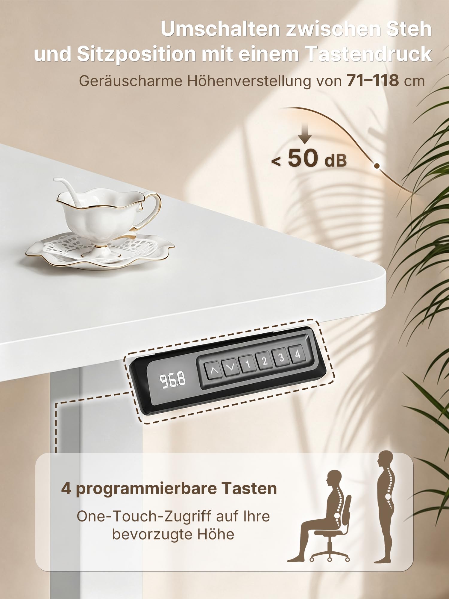 JUMMICO Höhenverstellbarer Schreibtisch 140x70 cm mit Steckdose | Schreibtisch Höhenverstellbar Elektrisch Stehtisch, Steh-Sitz Tisch, Bürotisch Computertisch, Wolkenweiß