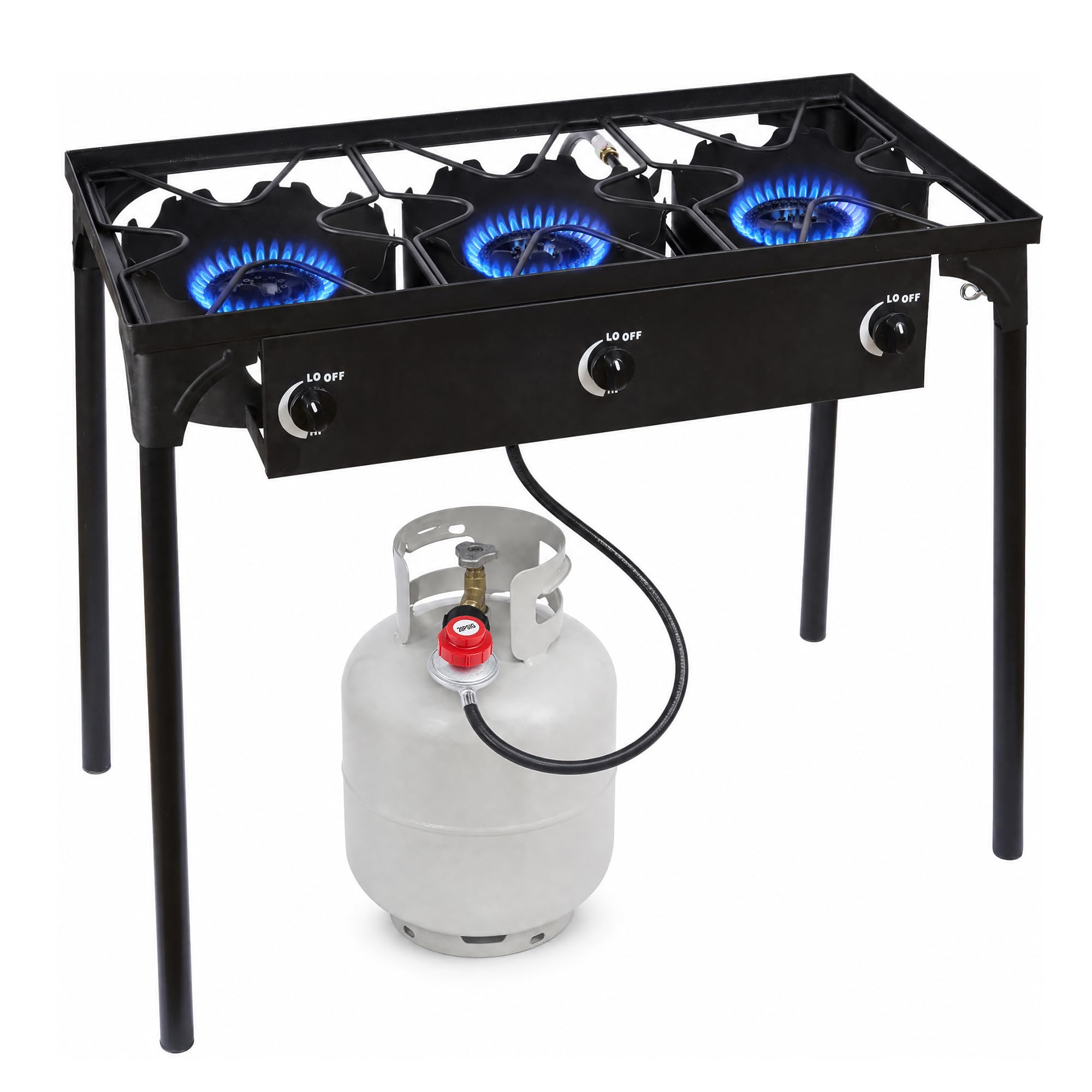 Estufa de propano de 3 quemadores, estufa de gas de alta presión de 225,000 BTU para exteriores con regulador de 20 PSI y patas desmontables, quemador de hierro fundido resistente para camping