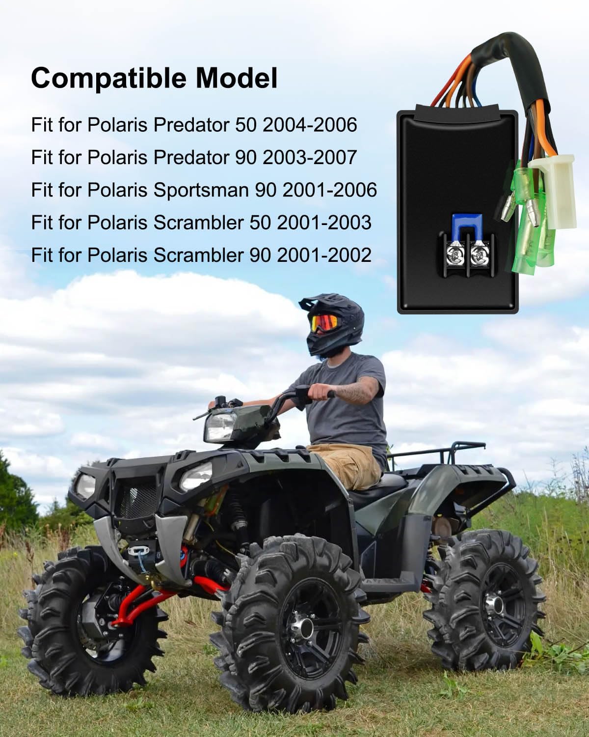 5PCS CDI Box Ignition Coil Kit Fit for Polaris Sportsman 90 Scrambler 90 50 Predator 50 90 2001-2007 with Voltage Regulator Rectifier Spark Plug & Starter Relay Solenoid Replace 0451018 0452187