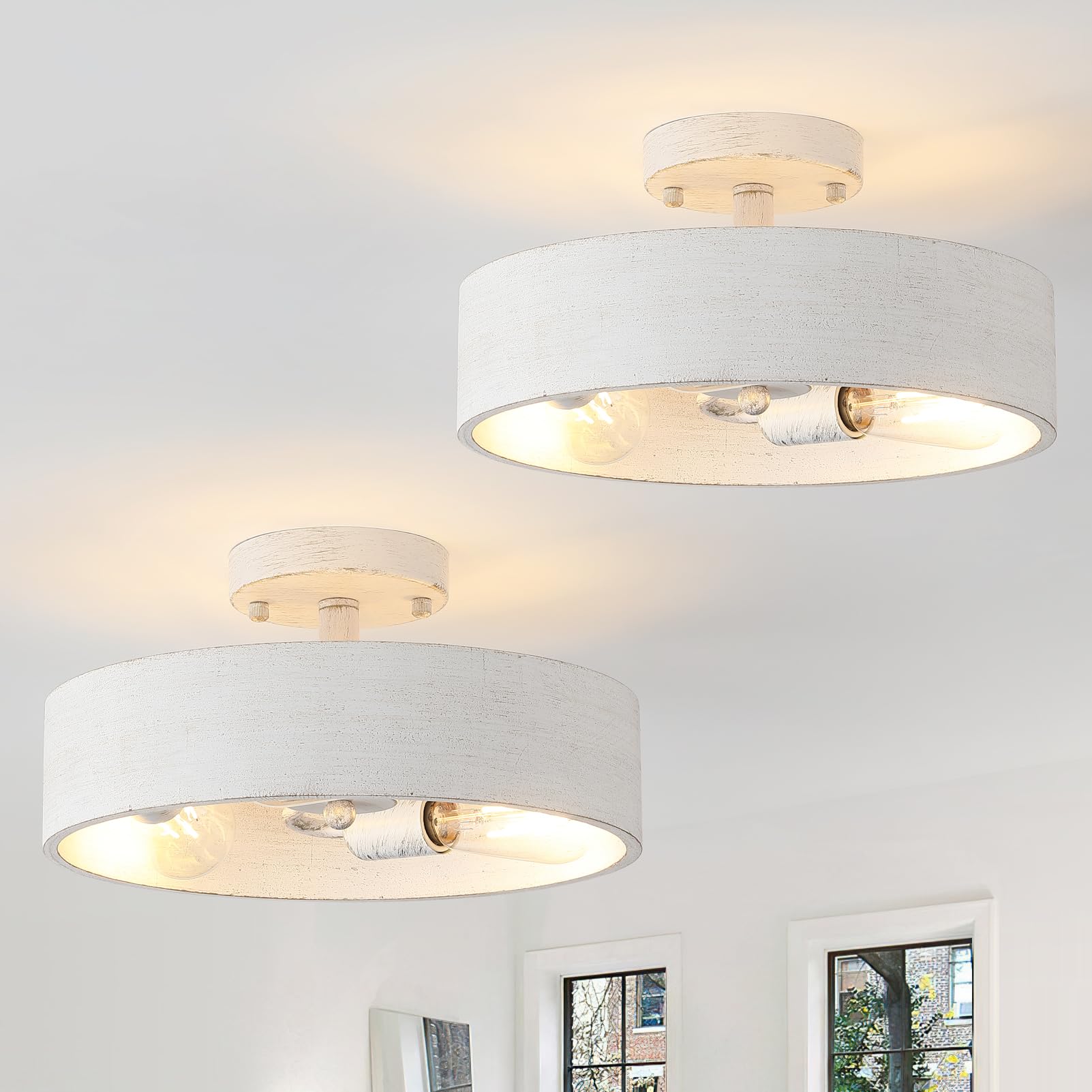 2 Pack 3-Light Rustic Farmhouse Antique White Flush Mount Ceiling Light ...