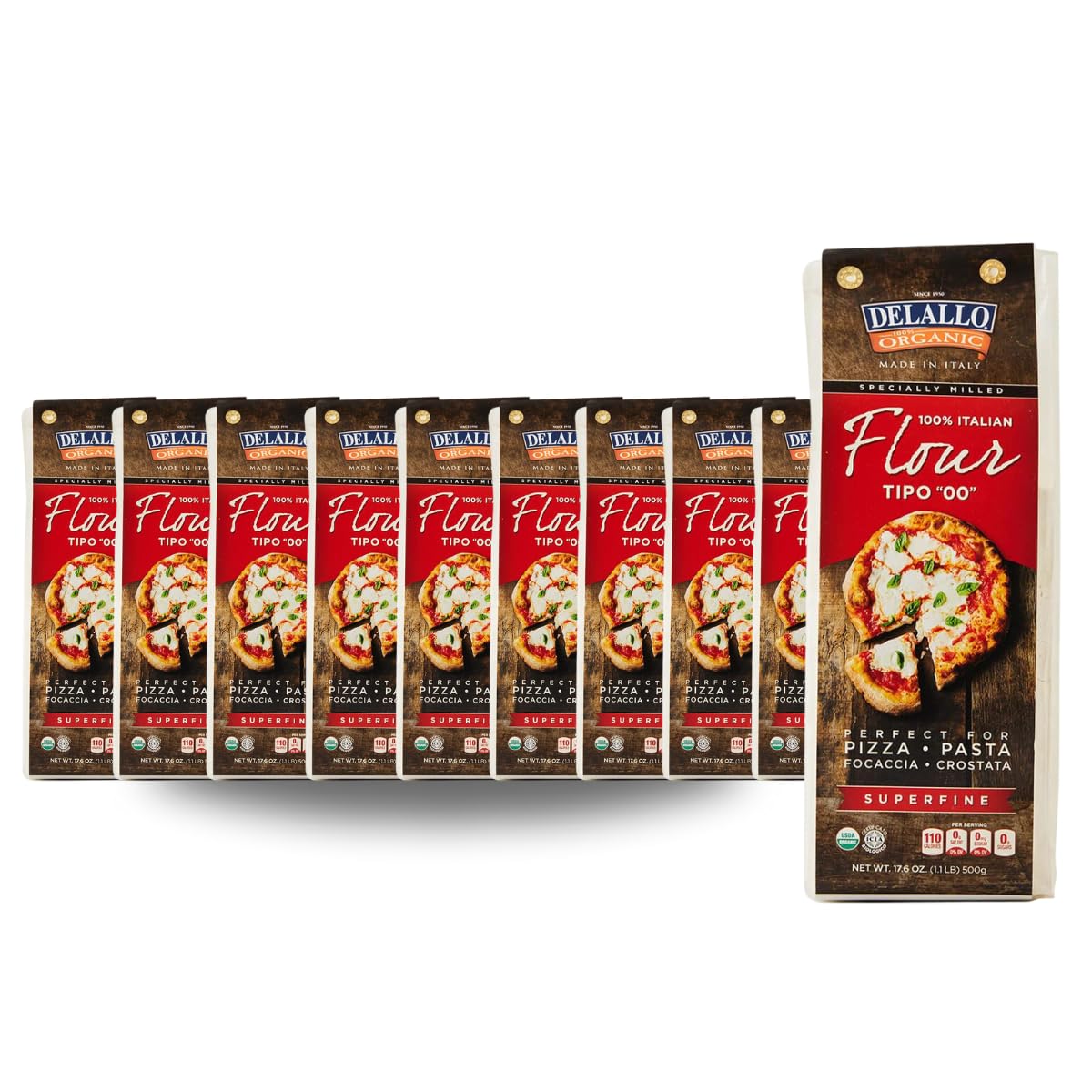 DeLallo Italian 00 Flour, 17.6 Ounce Bag, 10 Pack, Certified Organic, For Pizza Crust Dough, Non-GMO, Made in Italy