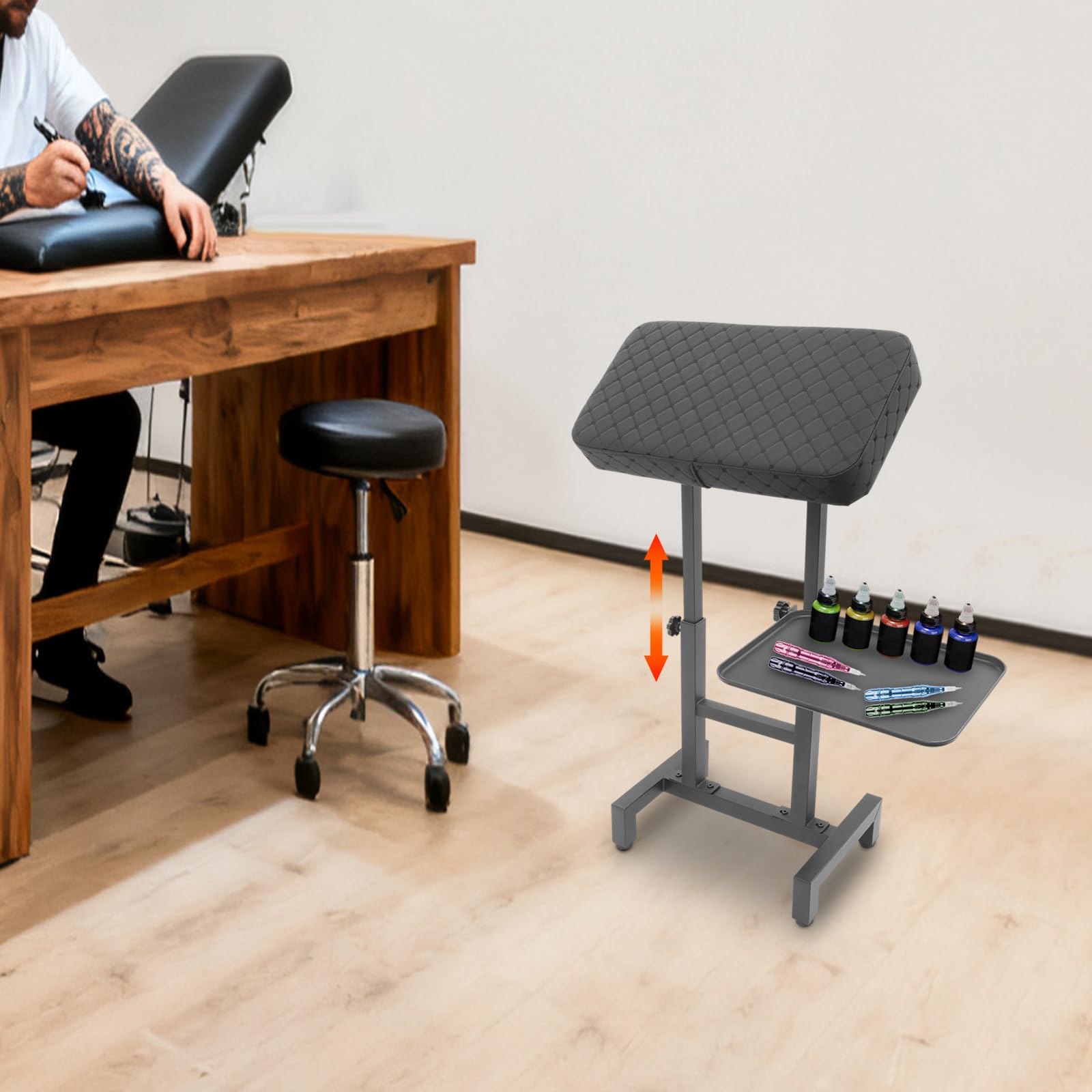Podłokietnik do tatuażu z regulacją wysokości z tacą magnetyczną – profesjonalny stojak na podłokietnik do tatuażu, PMU i Beauty Studio – ergonomiczna i stabilna nakładka na ramiona/nogi, czarny