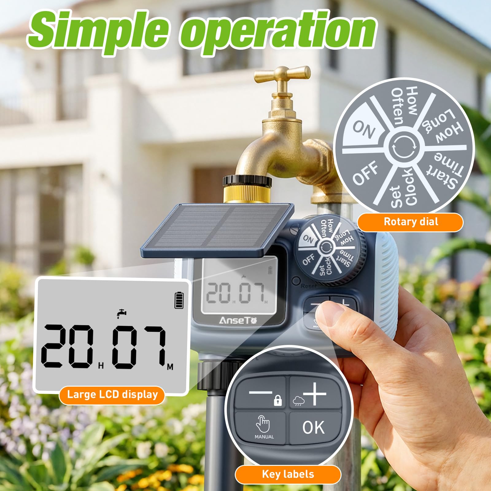 Programmateur Arrosage Automatique Solaire, Système D'irrigation Automatique, Charge par Câble USB-C et Panneaux Solaires, Ecran LCD Ultra Clair,Contrôle de I'irrigation pour Jardin et Pelouse