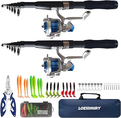 Juego de caña de pescar, paquete de 2 cañas de pescar con caña de pescar telescópica, carretes giratorios, señuelos de pesca, alicates de pesca y